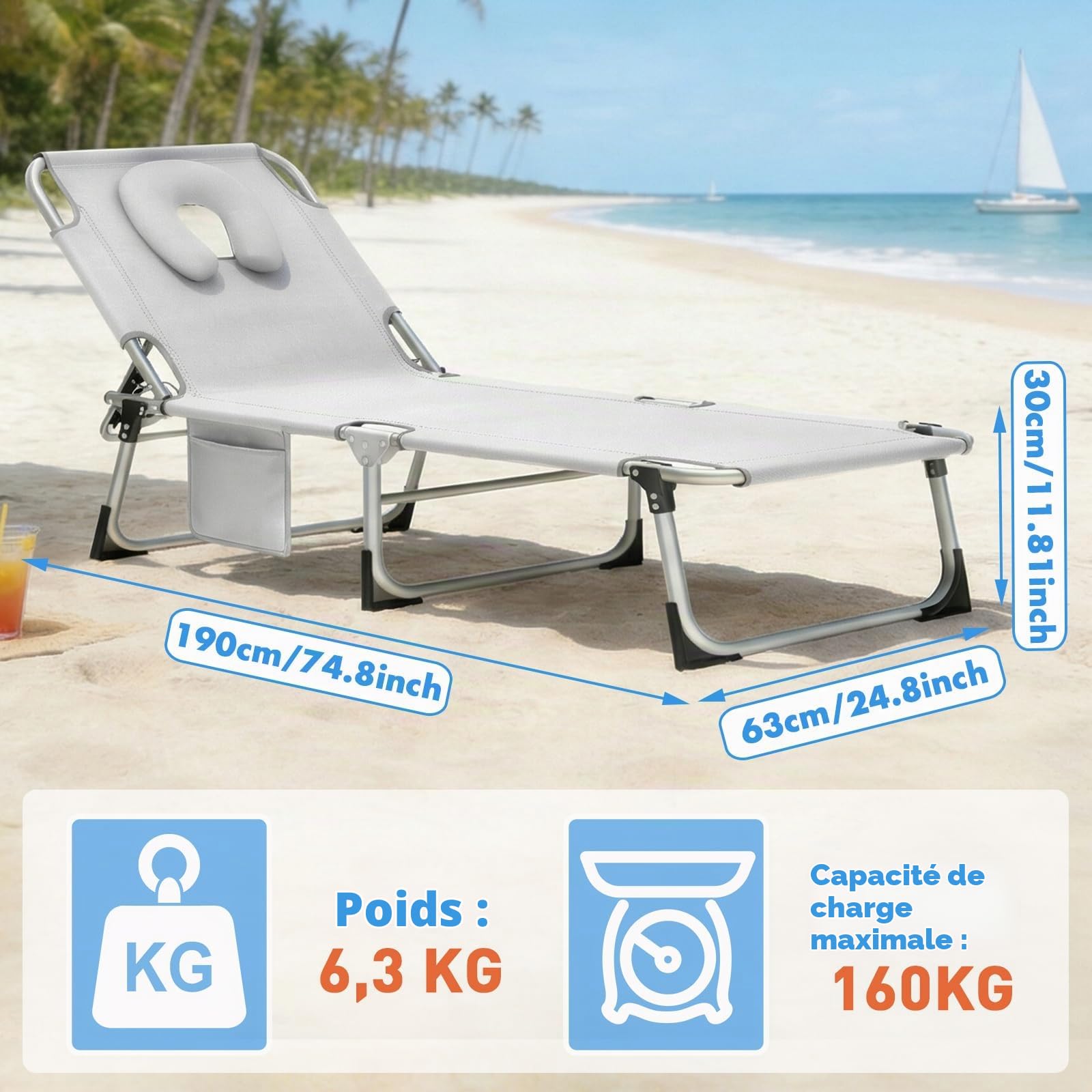 Huracan Lot de 2 chaises longues de jardin, pliables, avec ouverture pour le visage, coussins amovibles et dossier réglable en 3 positions, charge maximale 160 kg, pour jardin, balcon et terrasse