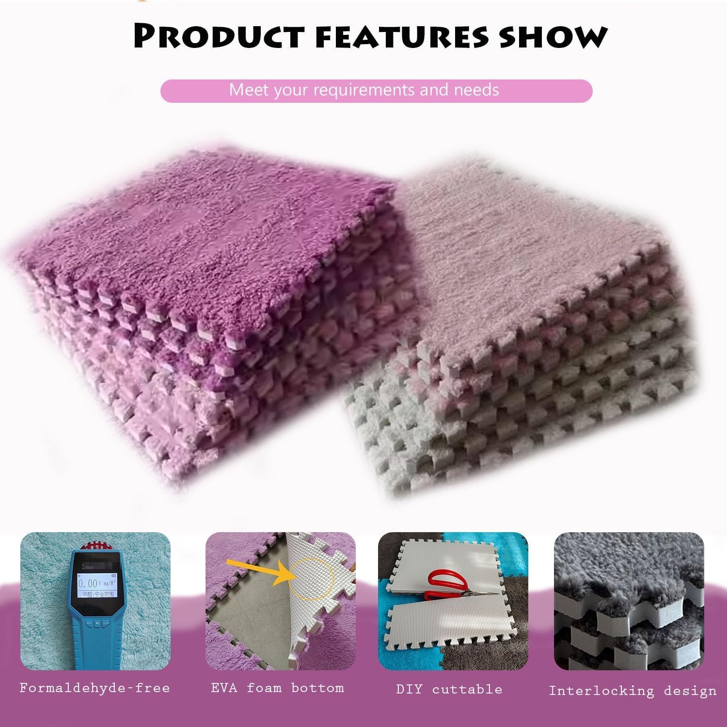 Plush Interlocking Carpet Tiles 12pcs 60x60cm Puzzle Carpet Squares 10Mm Thick Foam Mat(Gray+White)