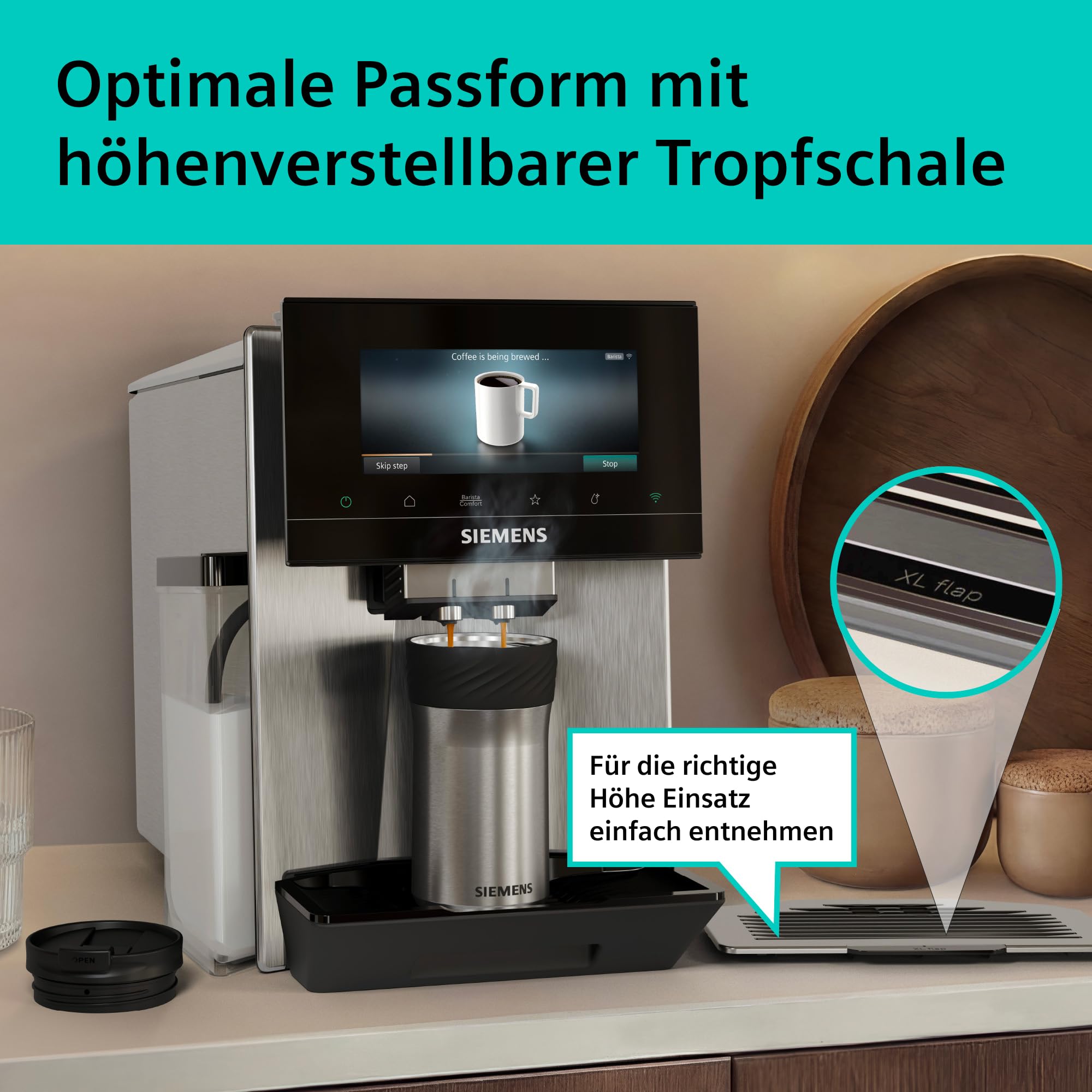 Siemens Thermobecher 480 ml, doppelt isolierter To-Go-Becher für heiße oder kalte Getränke, auslaufsicher, spülmaschinenfest, kompatibel mit der Siemens iAroma Serie, Edelstahl/Schwarz, TZ40002