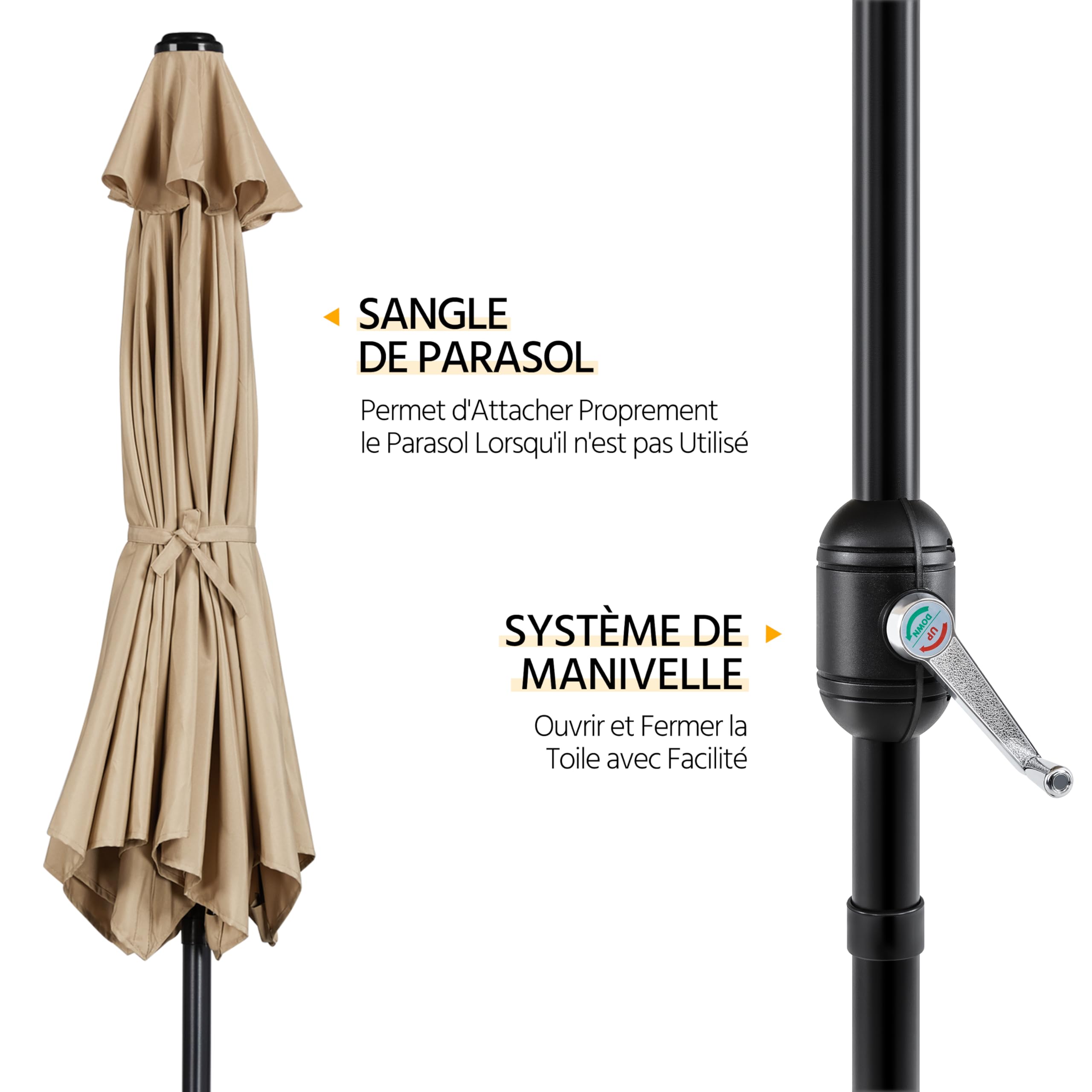 Yaheetech Parasol de Jardin 230 cm, Pliable, avec Toile Inclinable, Protection UV, Manivelle, 6 Baleines, pour Plage Terrasse Patio Piscine Kaki