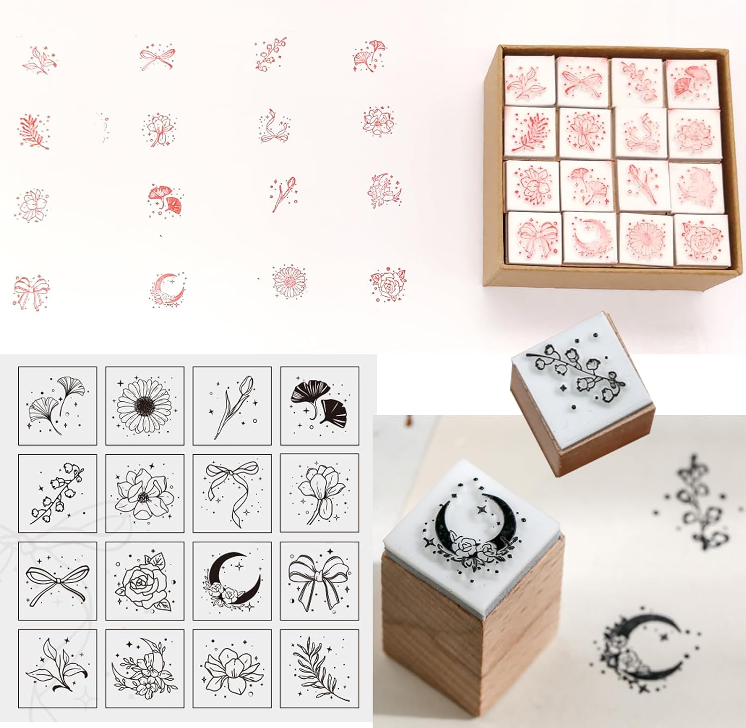 of 24 Pcs Rubber Stamp and Craft Ink Set 16 Pcs Wooden Rubber Stamps 8 Pcs Ink Pad for Craft DIY Card and Scrapbooking