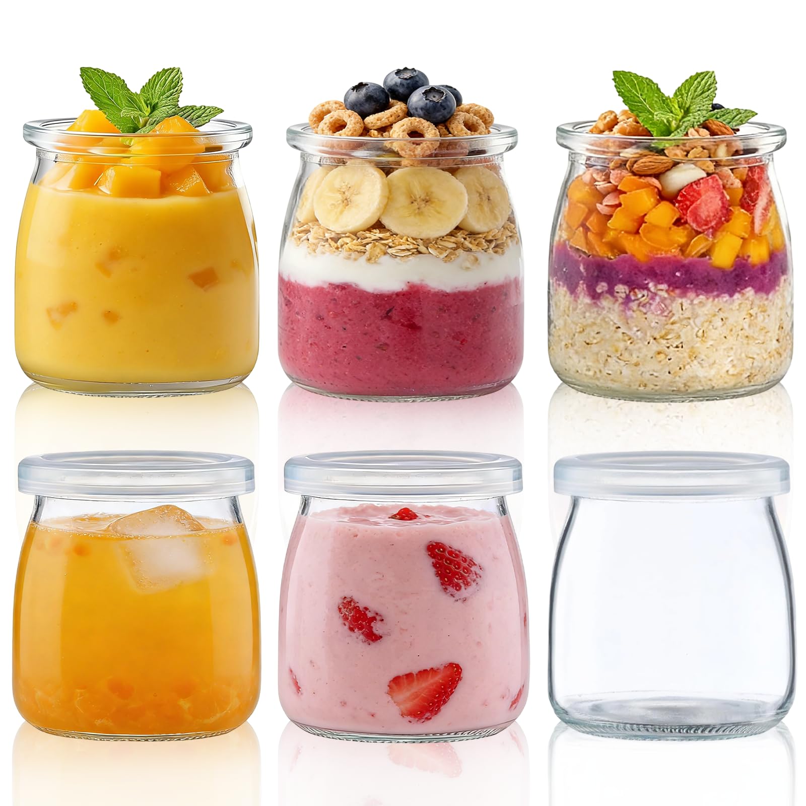 Eidoct Transparent 6 Pcs 200Ml Yogurt Pudding Glass Jars Clear Yogurt Jars With Pe Lids Small Glass Bottles, Jello, Honey, Jam, Mousse, Cake, Milk,Party, Gifts