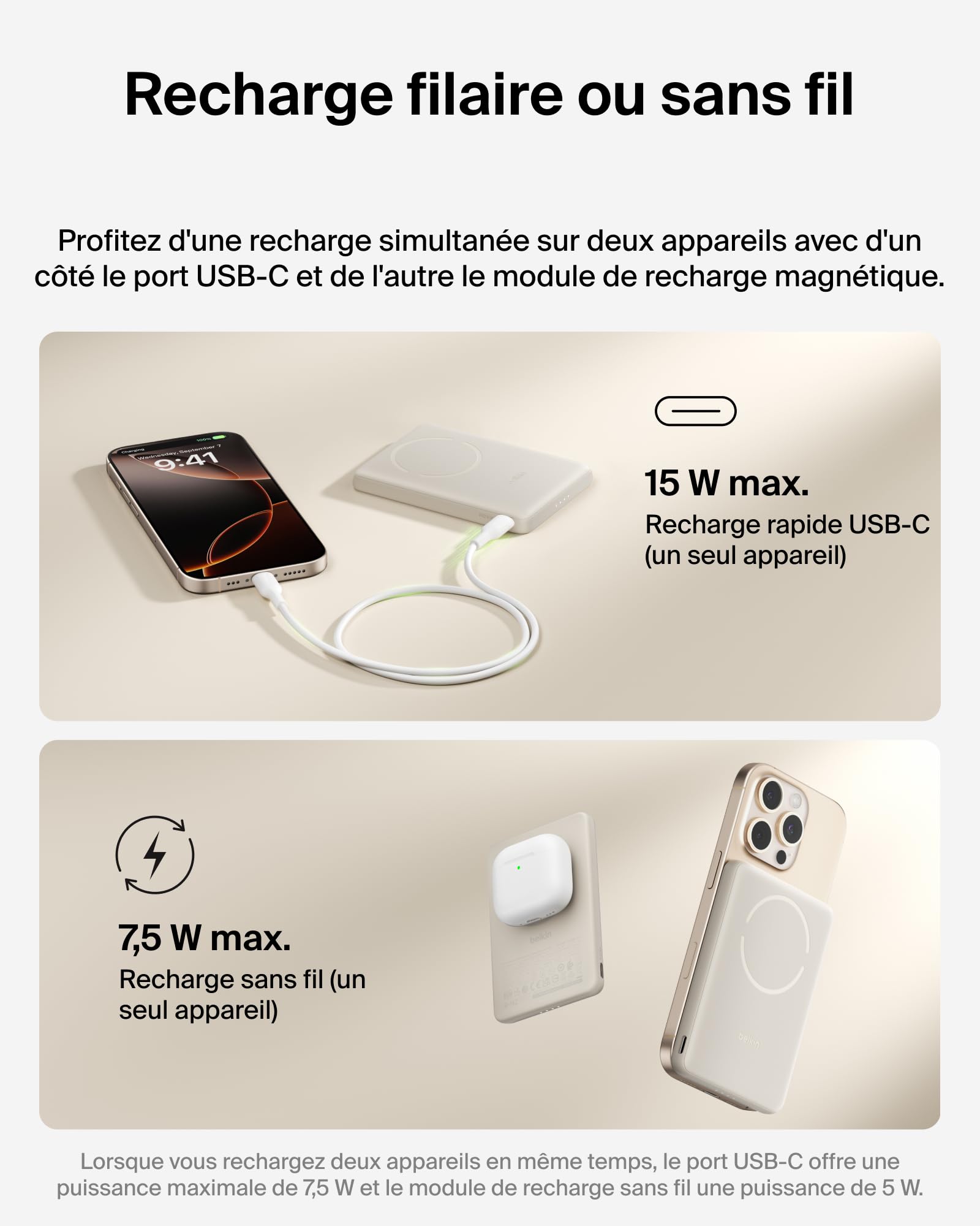 Belkin BoostCharge Batterie Externe Magnétique 5 000 mAh - Beige