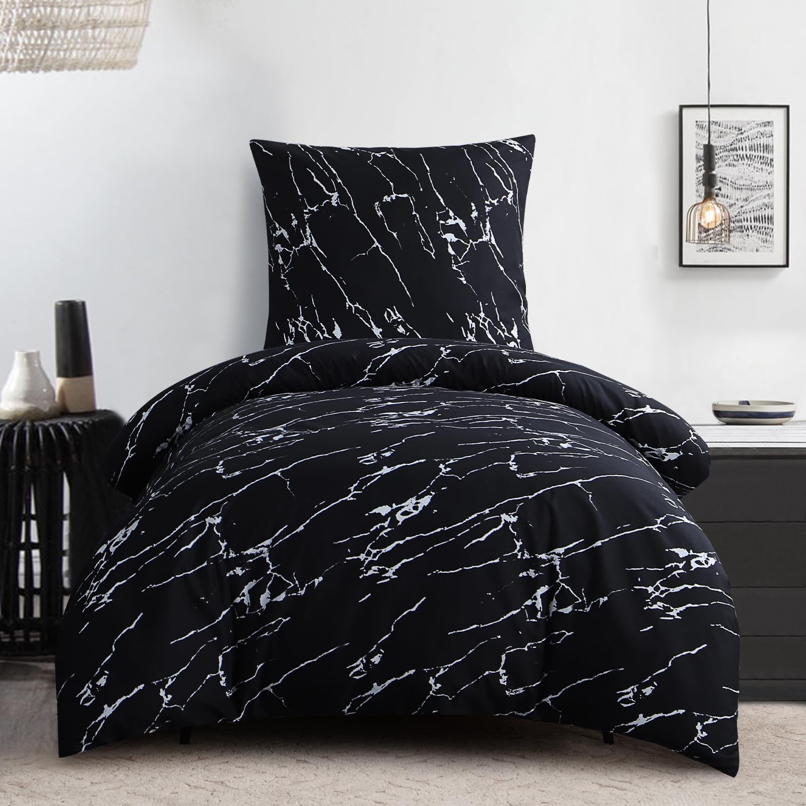 RUIKASI Bettwäsche 155x220 2 teilig Schwarz - Bettbezug 155 x 220 Set mit Marmor Muster, Bettwäsche-Sets 155x220cm aus Mikrofaser mit Reißverschluss Weich und Bügelfrei