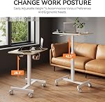 Mobile Small Standing Desk, Gas Spring Adjustable Height Rolling Portable Laptop Desk with Lockable Wheels, Computer Workstation, Rolling Podium (Maple Top + White Frame, 650mm*480mm)
