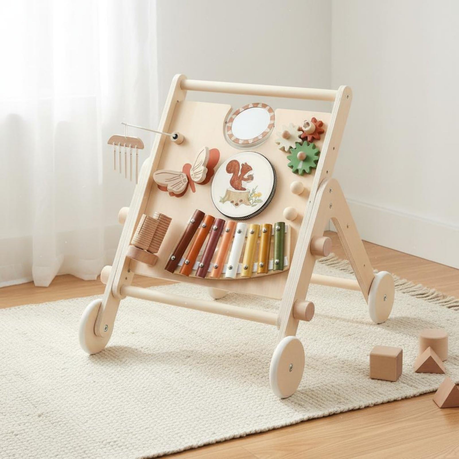 Jiuvaso Carrello Musicale Bambino con Tastiera Xilofono E Pannello Girevole Giocattolo da Spinta in Legno con Bordi Arrotondati per Gioco Attivo E Apprendimento Precoce Neonati