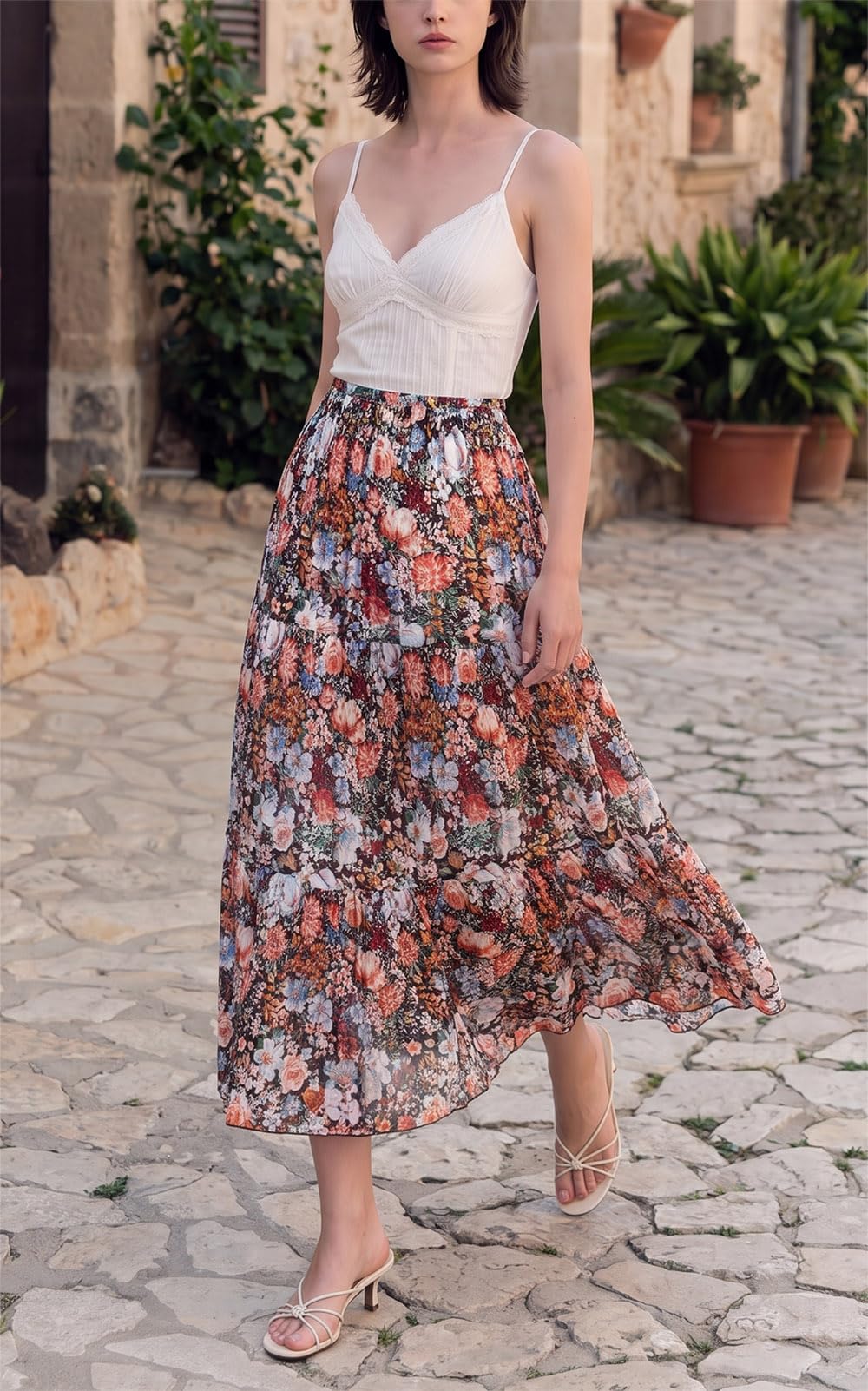 comefohome Jupe longue plissée en mousseline de soie avec taille élastique et volants pour femme