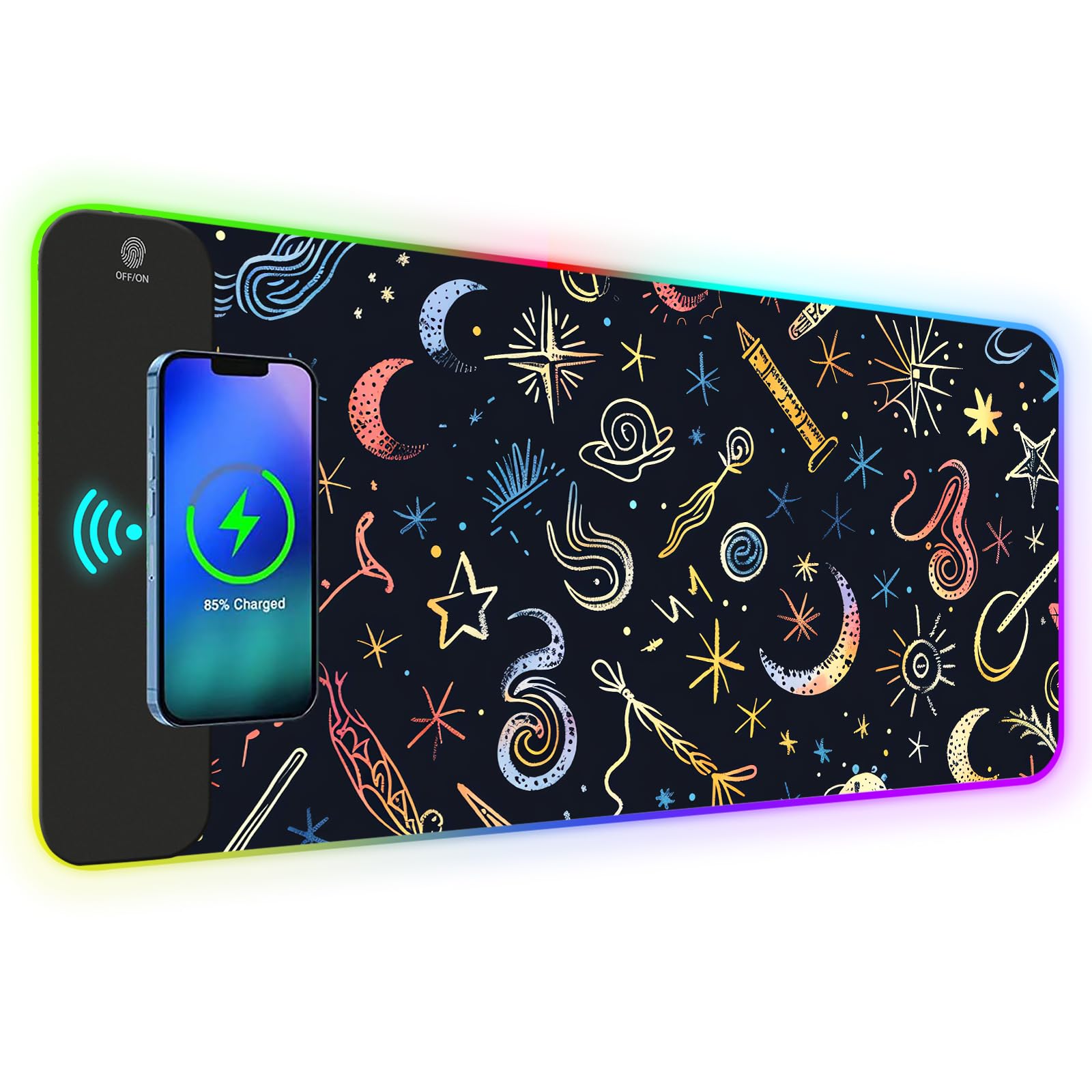 AIMSA Wireless Charging,15W Wireless Fast Charging with Mouse Pad, Large Keyboard RGB Mouse Pad with 14 LED Light Modes, Non-Slip Desk Pad, Purple Planet