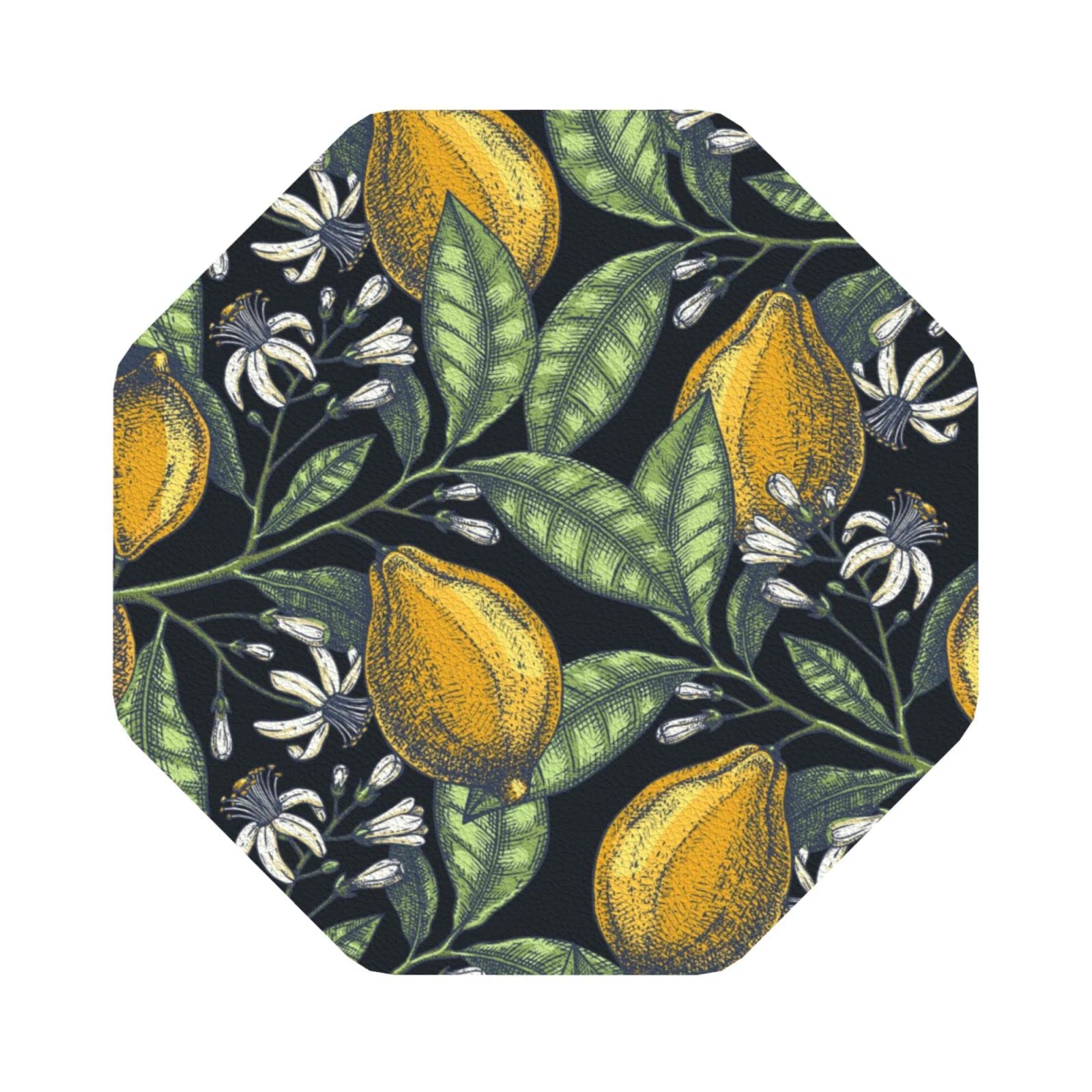 Octagon Drink Coasters Set of 4,Pu Leather Absorbent Coasters Set Decorative Coffee Cup Coasters Housewarming Gift for Home Decor-Hand Drawn Citrus Fruits Elegant Lemons