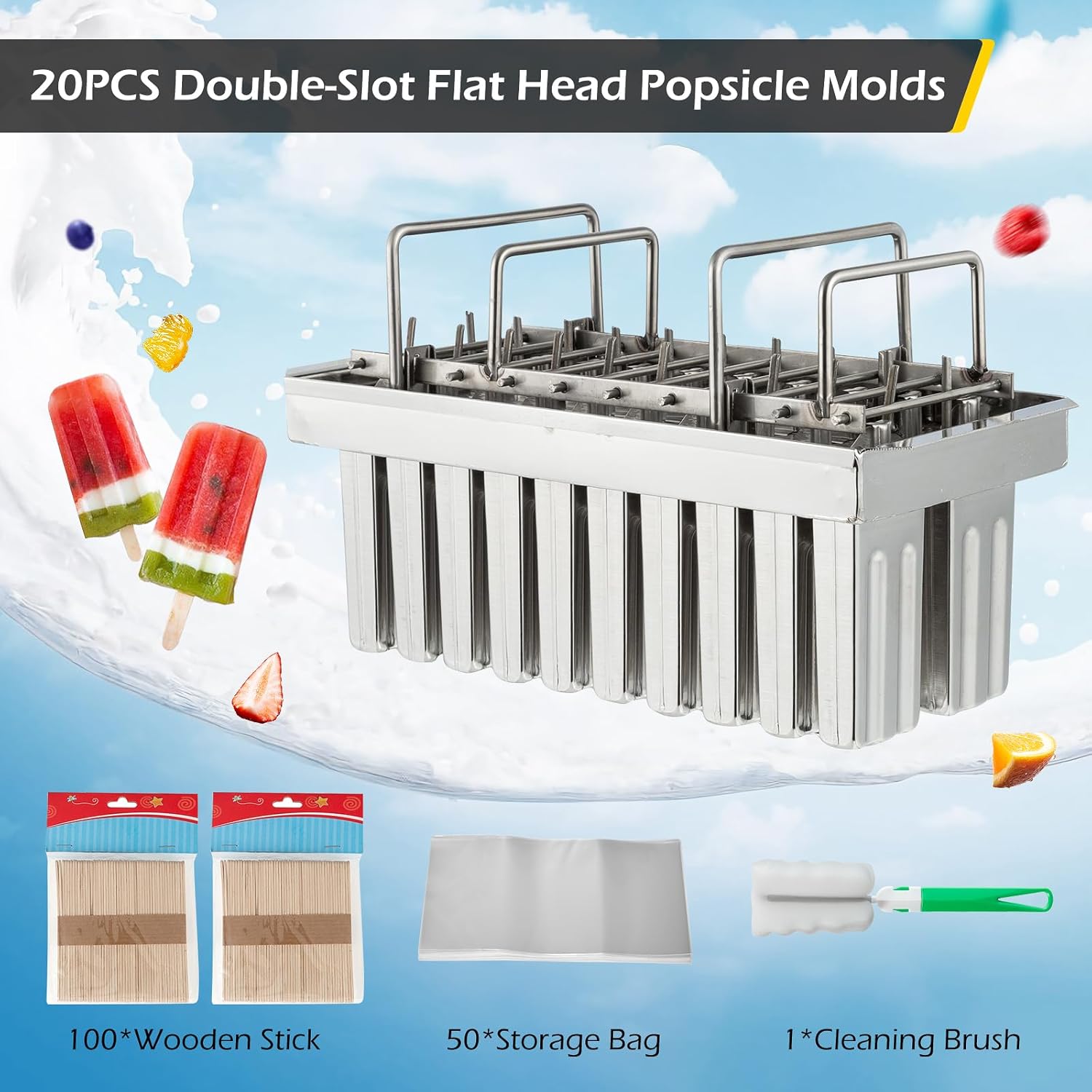 Dyna-Living Commercial Popsicle Molds 20PCS Round Heads without Slot & 20PCS Flat Heads with Double-slot