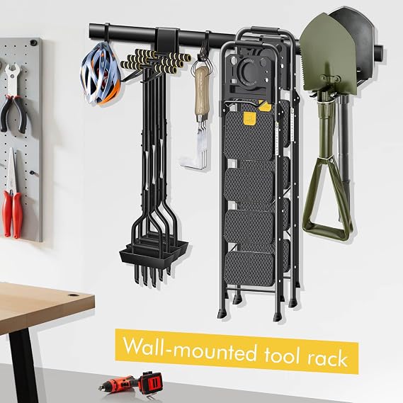 Mimoke Garage Wall Organizer with Steel Rails and Aluminum Hooks Heavy Duty 300 lbs Capacity for Garden Tools Storage