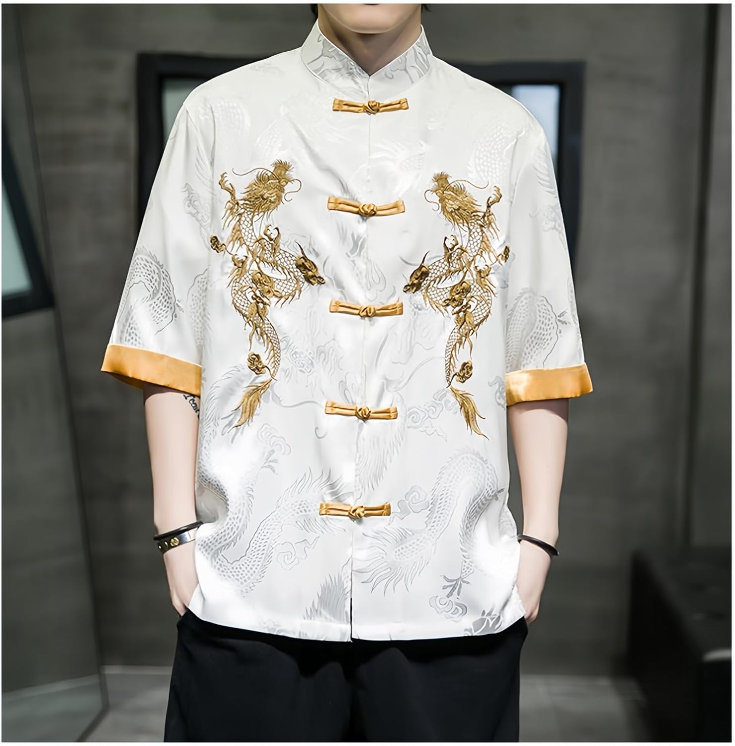 Men's Kung Fu Shirt,Traditional Chinese Hanfu Tang Suit Coat with Silk Printing,Half Sleeve Top for Casual Summer Outfits
