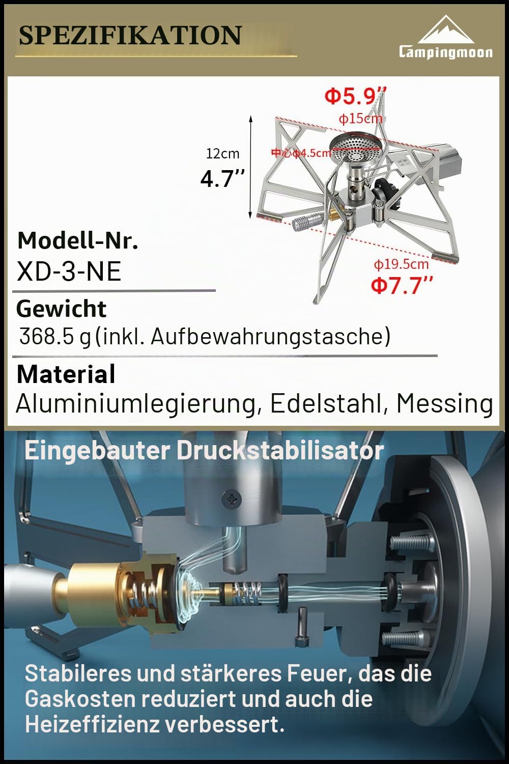 Campingmoon Butan-Campingkocher, tragbarer Regler, einzelner Brenner mit Aufbewahrungstasche, XD-3 (Silber ohne Zündung)