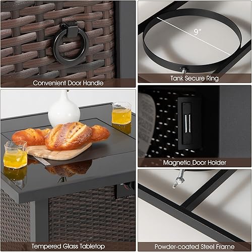 Miniatura 6 de Tangkula Juego de muebles de patio de 7 piezas con mesa de hoguera, 50,000 BTU de 32 pulgadas con cubierta impermeable, juego de mimbre de patio