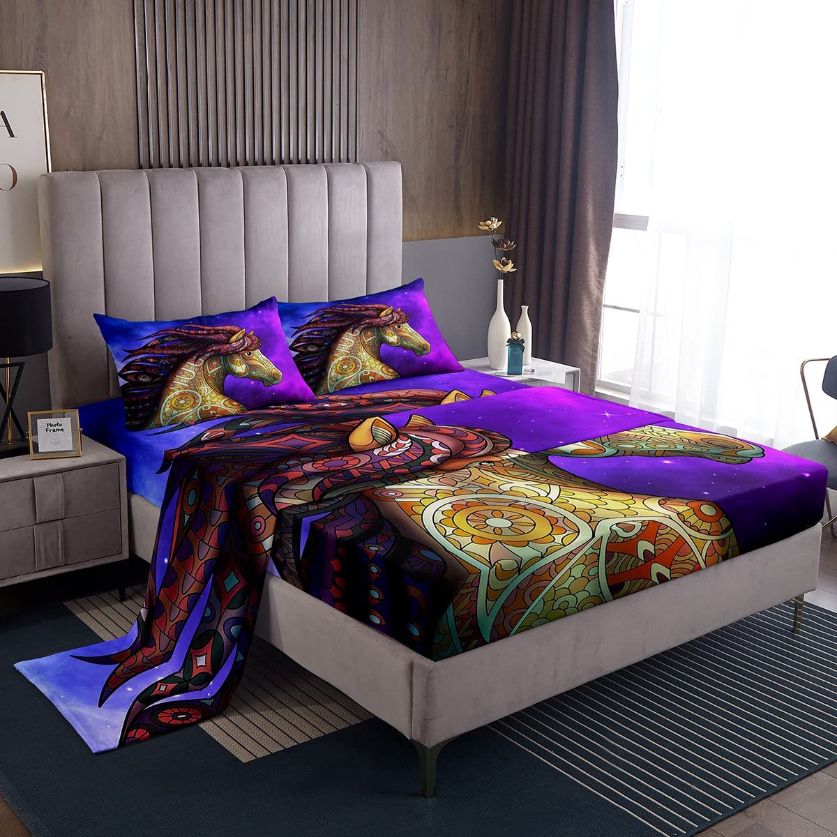 Juego de Ropa de Cama de Caballo,sábana de Cama con patrón de Caballo Hippie Indio,sábanas de Microfibra para niños,niños,niñas,tamaño King