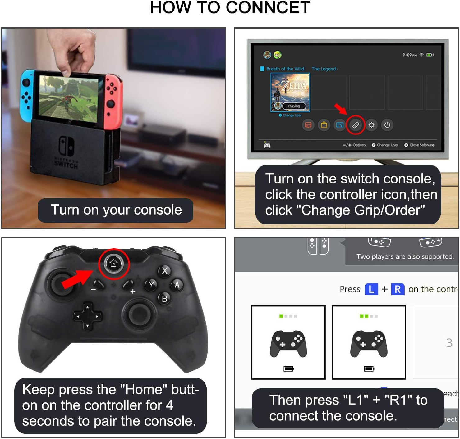 Four-panel image showing steps to connect the controller: 1. Turn on console, 2. Navigate to Change Grip/Order on Switch, 3. Press Home button on controller, 4. Press L1+R1 to connect.