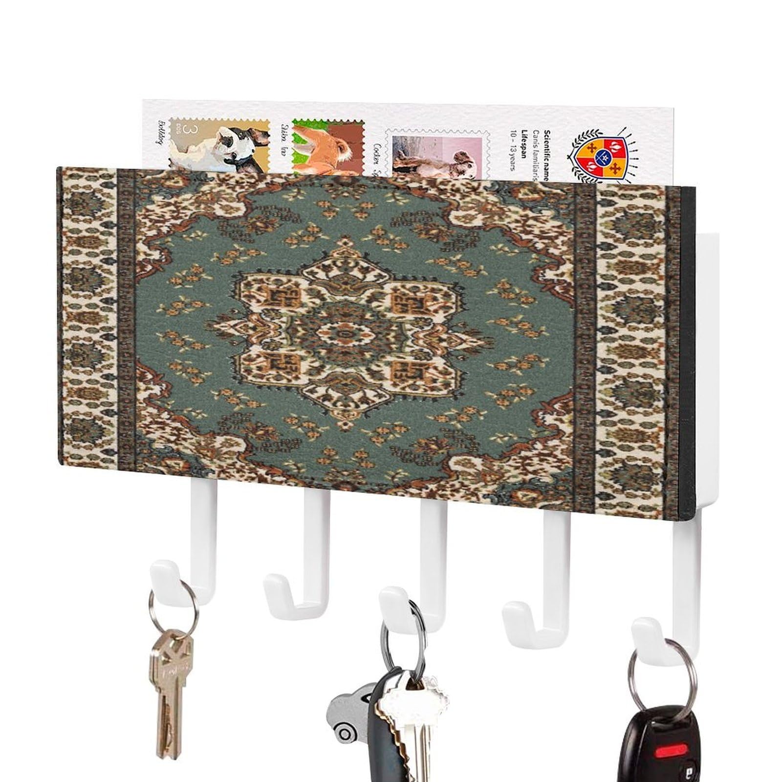Fekiloot White-Style Oriental Traditional Key Holder Wall Mount Key And Mail Holder Key Hanger With 5 Hooks Decorative Pu Key Rack Hanging Key Hooks For Wall Living Room Kitchen Bathroom Hallway