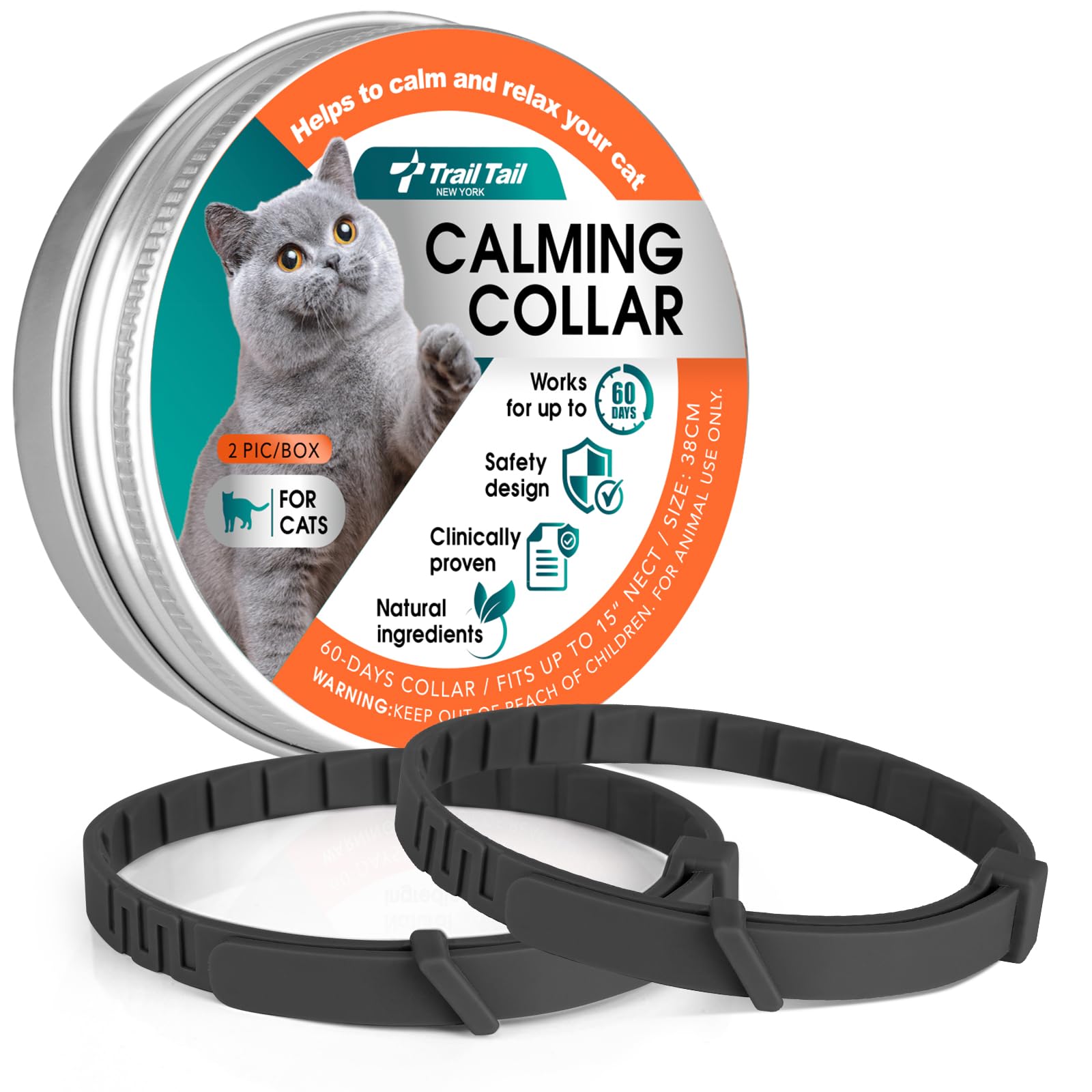 Calming Collar for Cats - Fast Acting, Lasts 60 Days, Choking-Free Design Pheromone Collar for All Large Medium Small Cats (Black, 2 Pack)