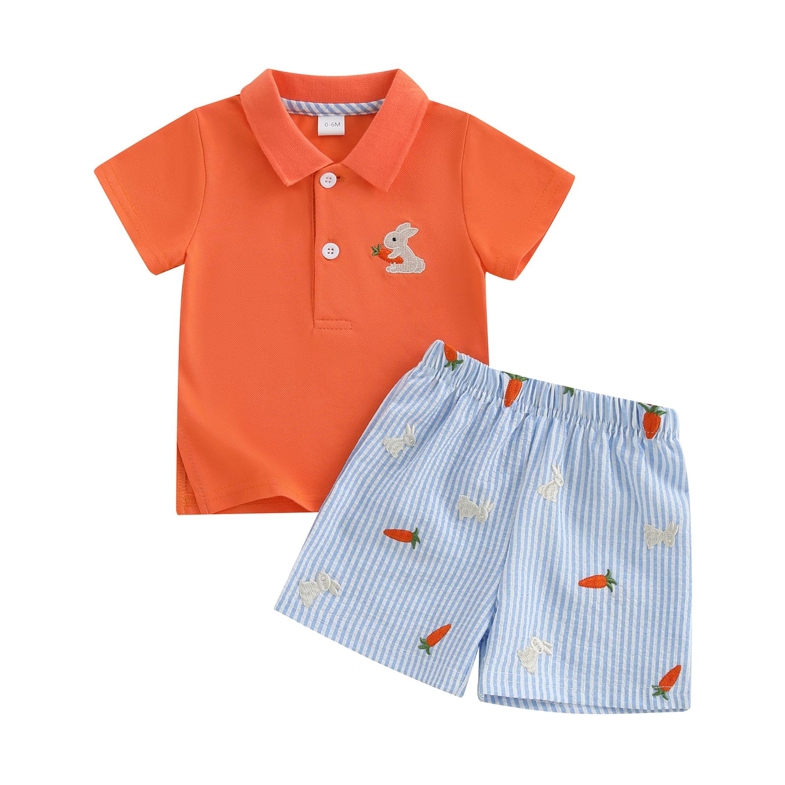 Dewadbow Baby Boy Easter Outfit Button Short Sleeve Bunny Embroidery Collared Shirt Elastic Waist Striped Shorts Set Clothes (Orange, 2-3T)
