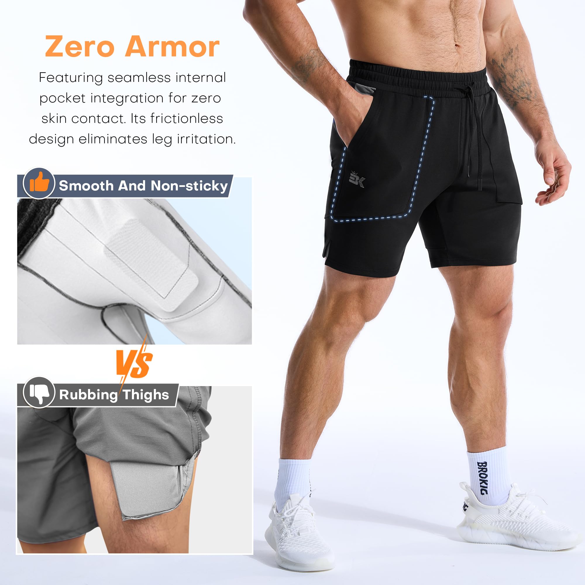 BROKIG Mens Zero Armor Gym Shorts,Cotton Running Workout Slim Fit Athletic Sweat Short for Men with Zip Pocket - 4