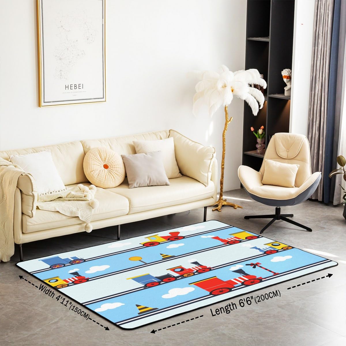 Homewish Dywan do pociągu 150 x 200 cm silnik parowy dywaniki do salonu dla dzieci nastolatków chłopców retro tory kolejowe transport niebieski czerwony dekoracyjny dywan antypoślizgowa wewnętrzna