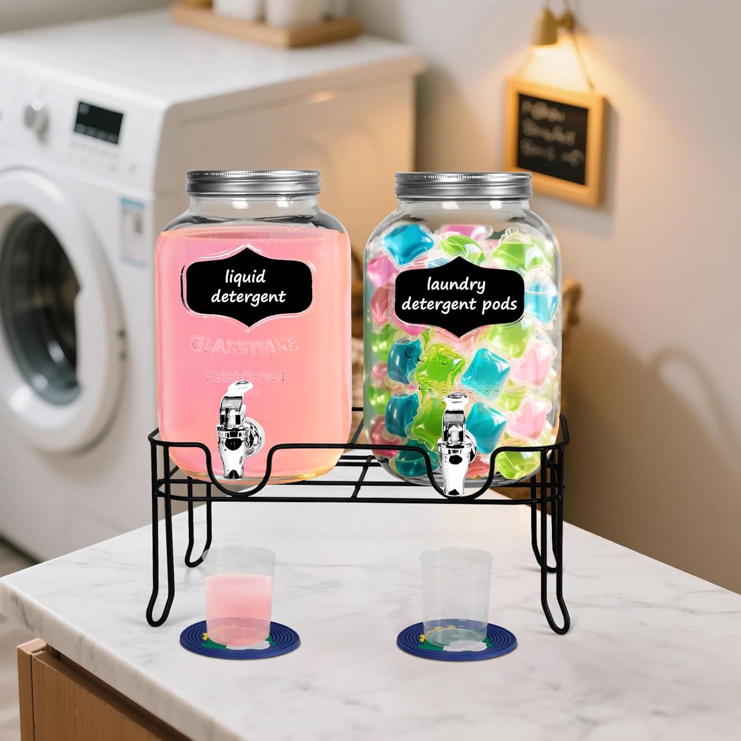 2-Pack 1.25 Gallon Glass Laundry Detergent Dispensers with Stainless Steel Faucets - Effortless Pouring, with Screw Lid, Stand, and Rubber Drip Mats for Fabric Softener & Laundry Soap