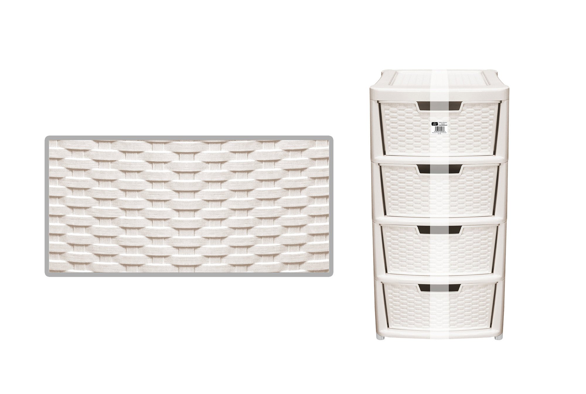 Ehc Cream Rattan Style Large 4 Drawer Tower Plastic Storage Unit,