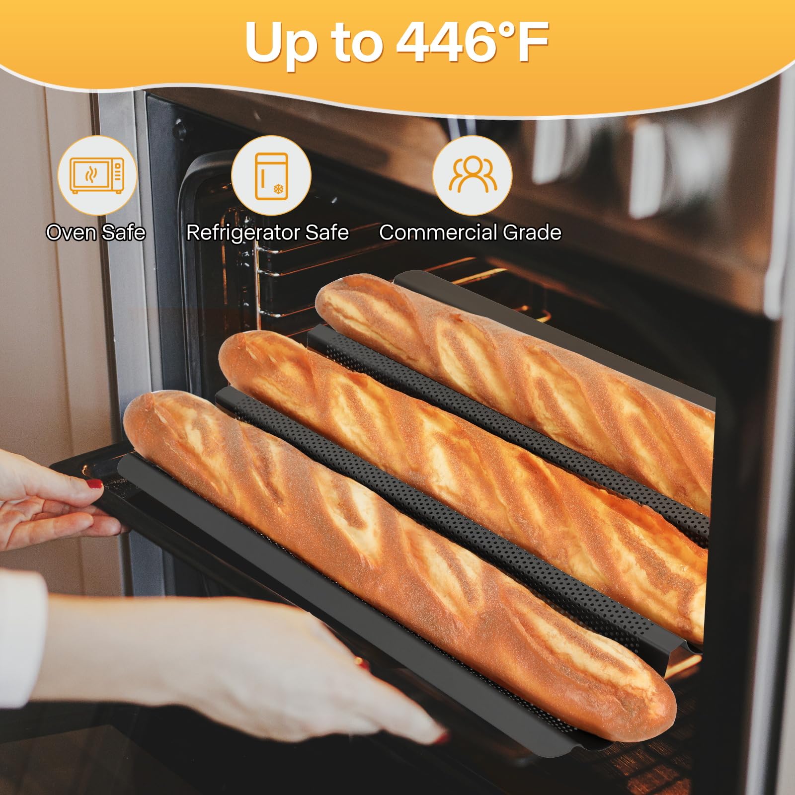 Schwarze Baguette-Brotpfanne, 3 Brotbackformen, antihaftbeschichtet, perforiertes Baguetteblech, ofenfest, gesundes Backzubehör, 38,1 x 27,9 cm, runde Ecken und gleichmäßige Erwärmung