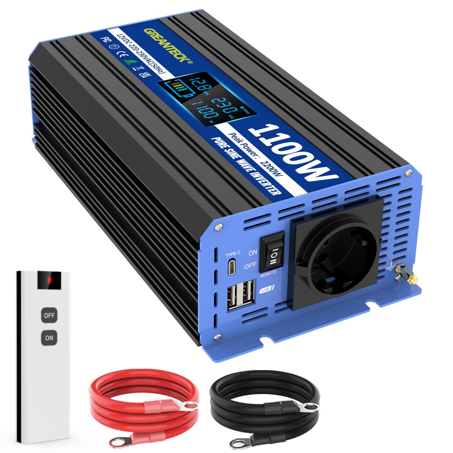 Wechselrichter 1100W Reiner Sinus 230V, Solar Wechselrichter mit Type-C, USB, LCD-Anzeige, Fernbedienung, EU-Steckdosen