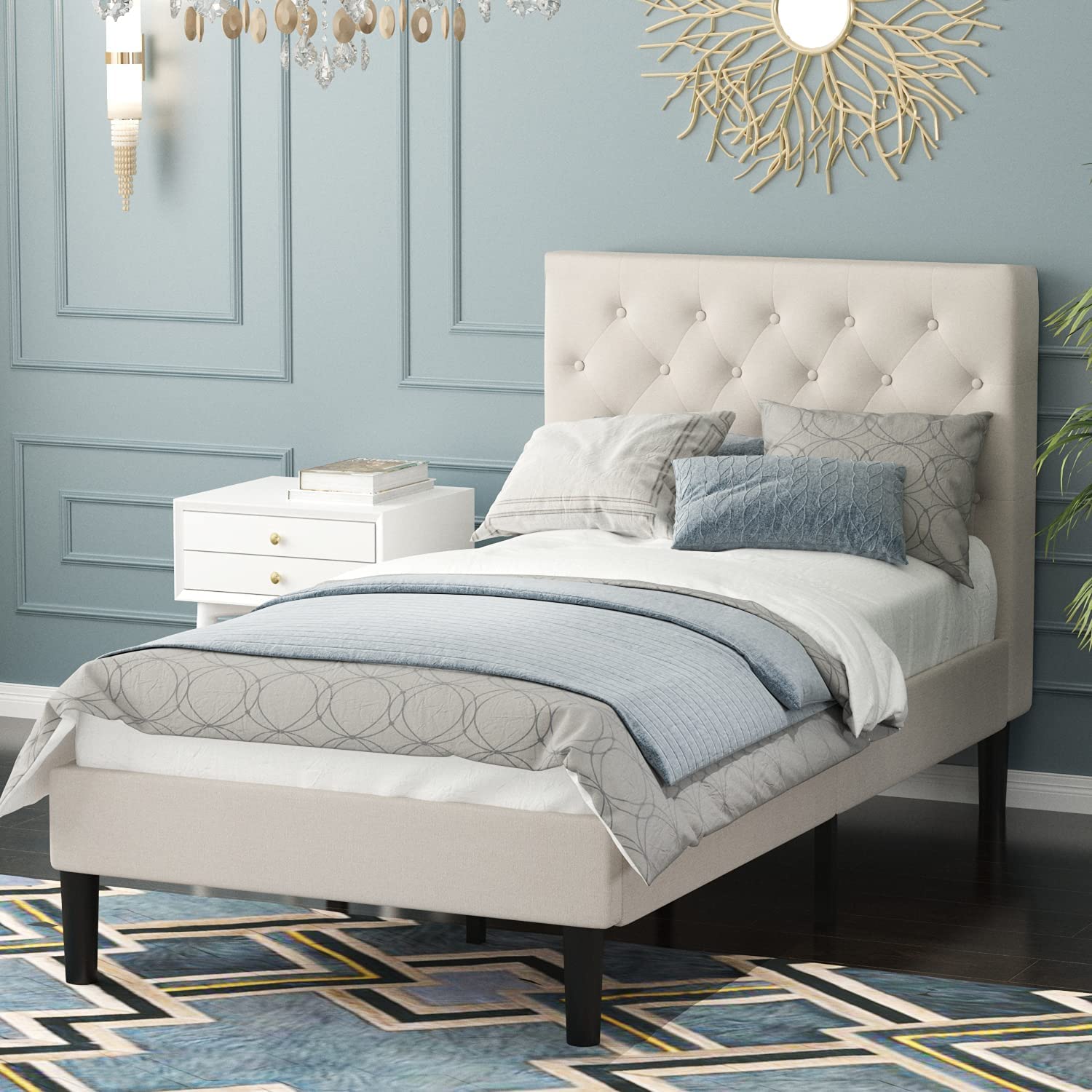 Amazon.com: Catrimown Twin Size Bed Frames with Headboard, Platform  Upholstered Linen Fabric Button Square Stitched Headboard, No Box Spring  Needed, Steel Slat Support, Easy Assembly, Beige : Home & Kitchen