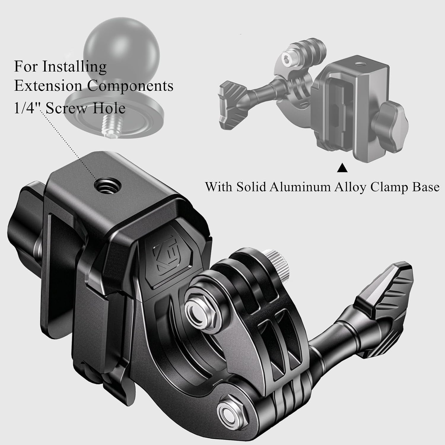 Kewig Motorcycle Windshield Camera Mount with Aluminum Alloy Clip Base | Compatible with GoPro /DJI OSMO/Insta360 Action Camera, Angle Adjustable, Quick-Release Design