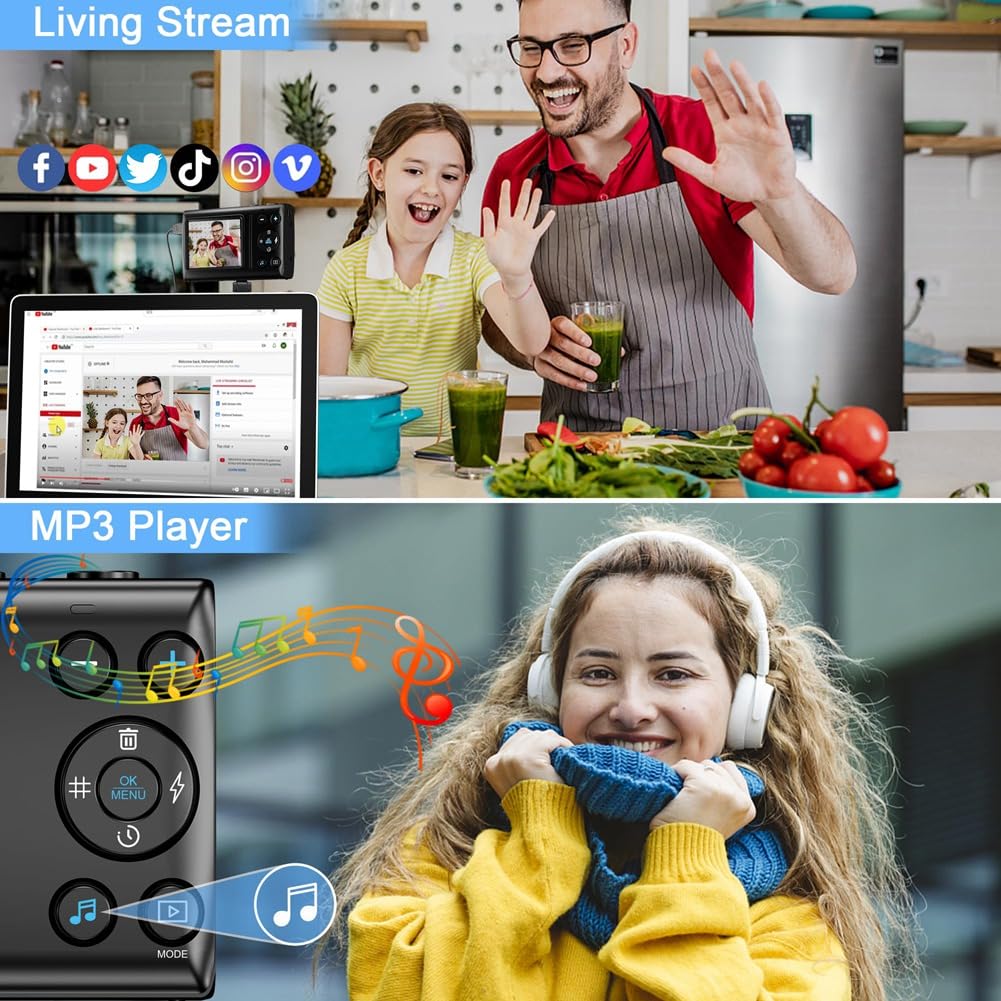 Carriere Aparat cyfrowy, aparat dziecięcy 4K do fotografii, kamera odtwarzacza MP3 64 MP, ekran IPS 2,8 , automatyczna regulacja ostrości, łatwa instalacja, łatwy w użyciu (czarny)