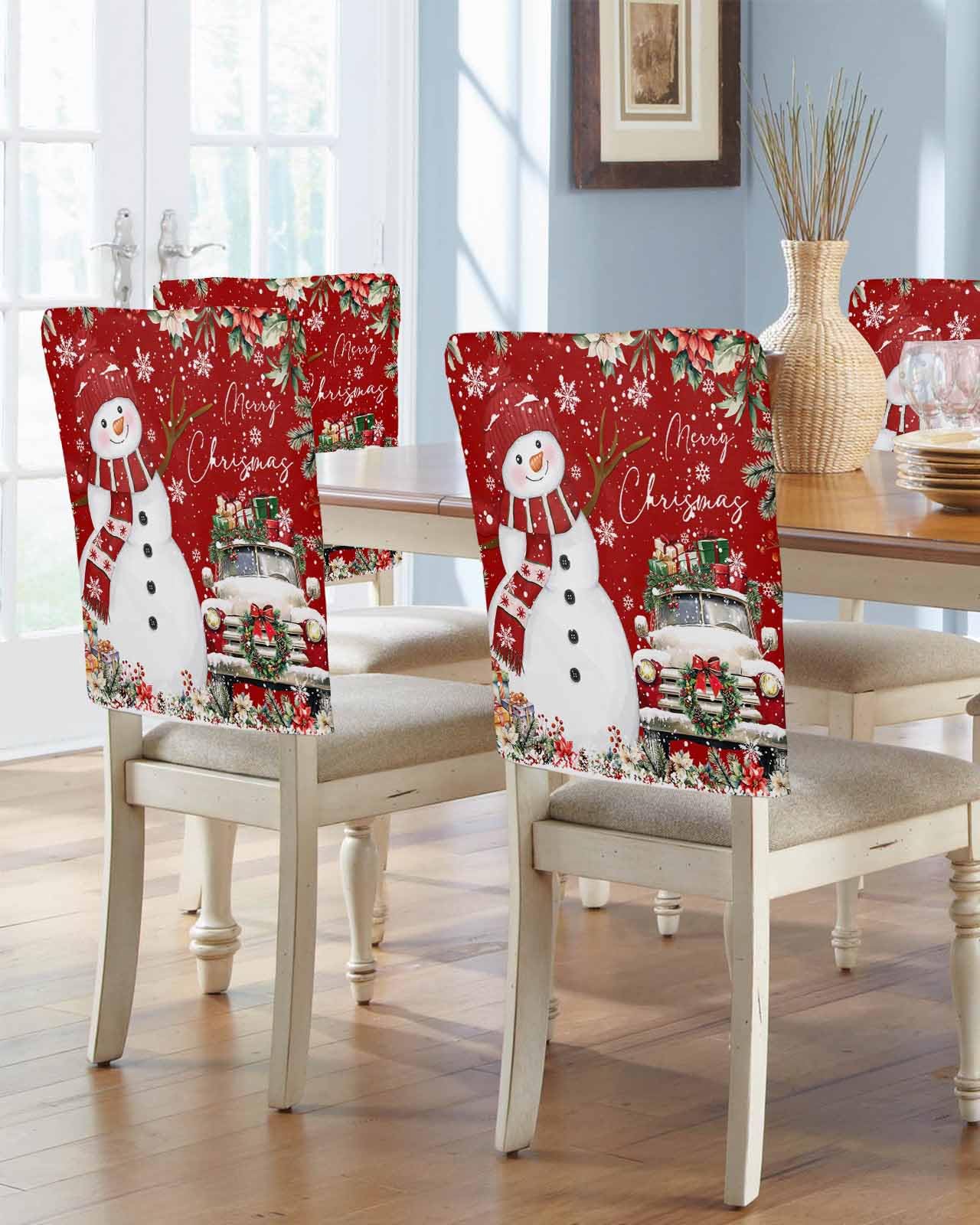 Anzona Red Christmas Snowman Chair Back Covers for Dining Room, Xmas Truck Poinsettia Linen Polyester Back Chair Protector, Winter Snowflake 4 Pcs