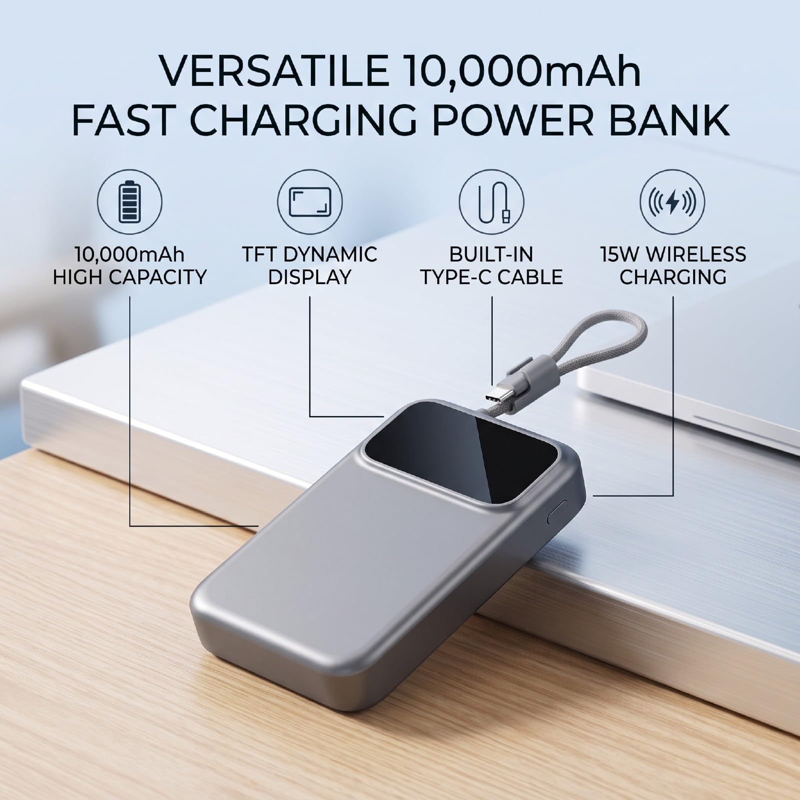 TOPINCN 10000mAh Power Bank avec écran TFT, Charge sans Fil