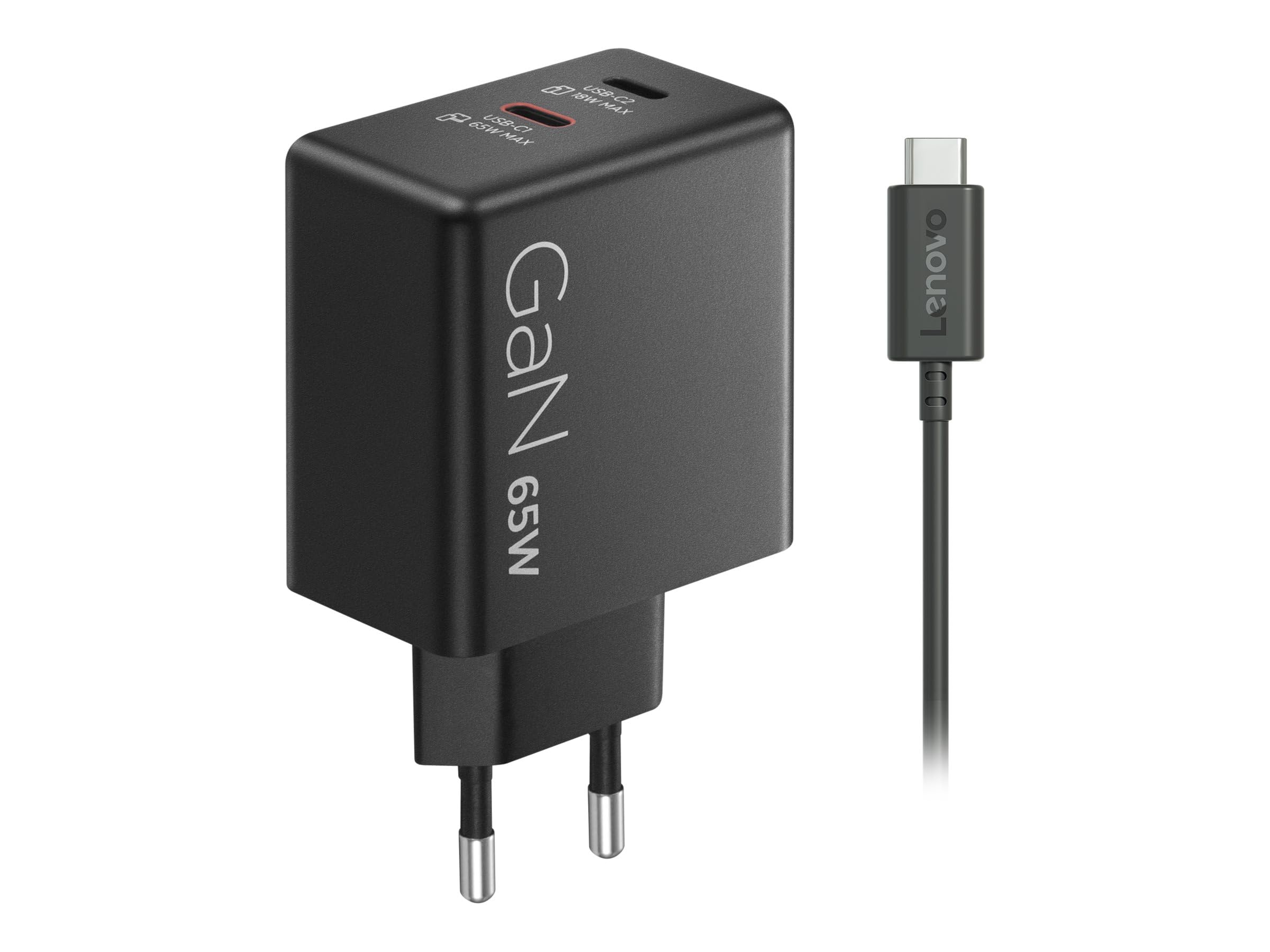 Lenovo GaN Chargeur Double USB-C 65 W - EU, 2 Ports USB-C avec Split 45 W + 18 W, Chargeur Compact pour Ordinateurs Portables et appareils USB-C