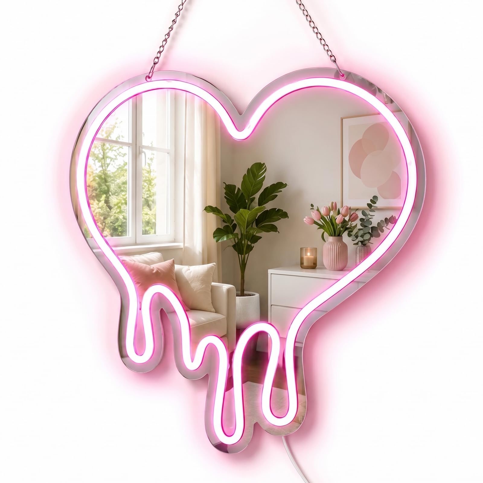 EVERGOODS Neon Mirror with Pink Glow, Acrylic LED Mirror Wall Decor for Bedroom, 30.5x40.5cm, Heart Mirror Light for Party Girls Room, Vanity, Beauty Studio, Birthday Gift (30.5x40.5cm)
