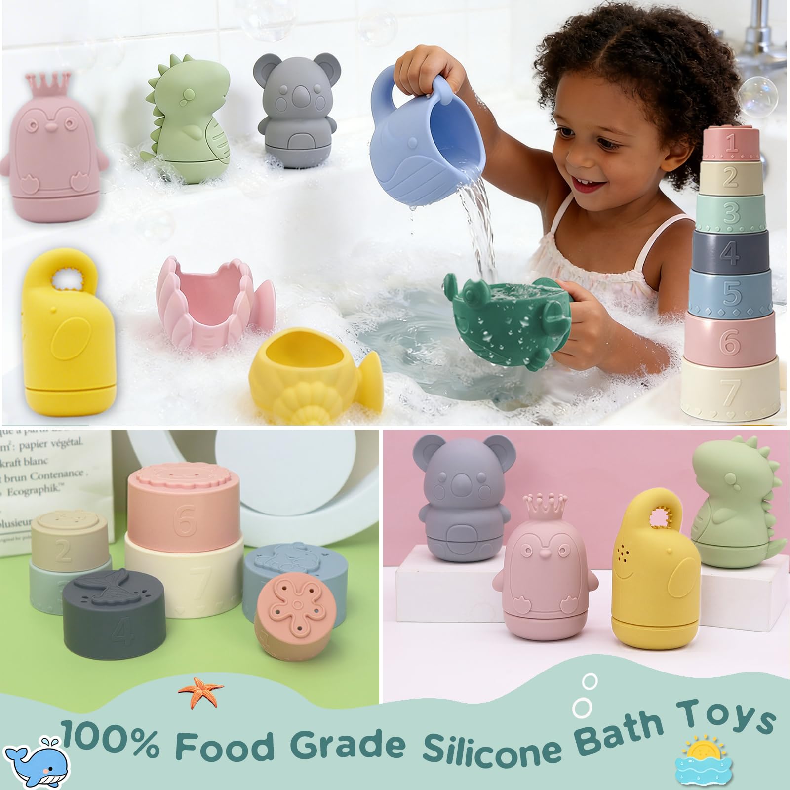 Jouets de Bain Bébé Silicone 0+ Ans,Set Silicone Alimentaire, Gobelets Empilables Sensoriels, Animaux Aspergeurs à Ventouse, Jeux de Bain Jouets de Douche de Bébé Jouet Piscine Jouets Flottants