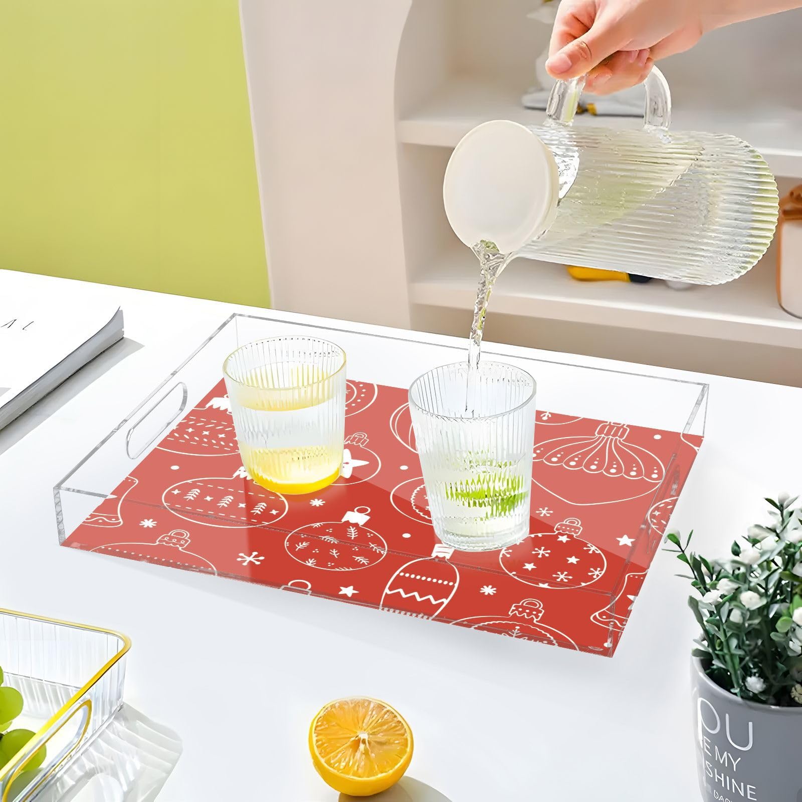 Bandeja acrílica transparente con asas, bandeja decorativa transparente de 12 x 16 pulgadas, patrón dibujado a mano, bonitas bandejas de servir navideñas a prueba de derrames, transparente