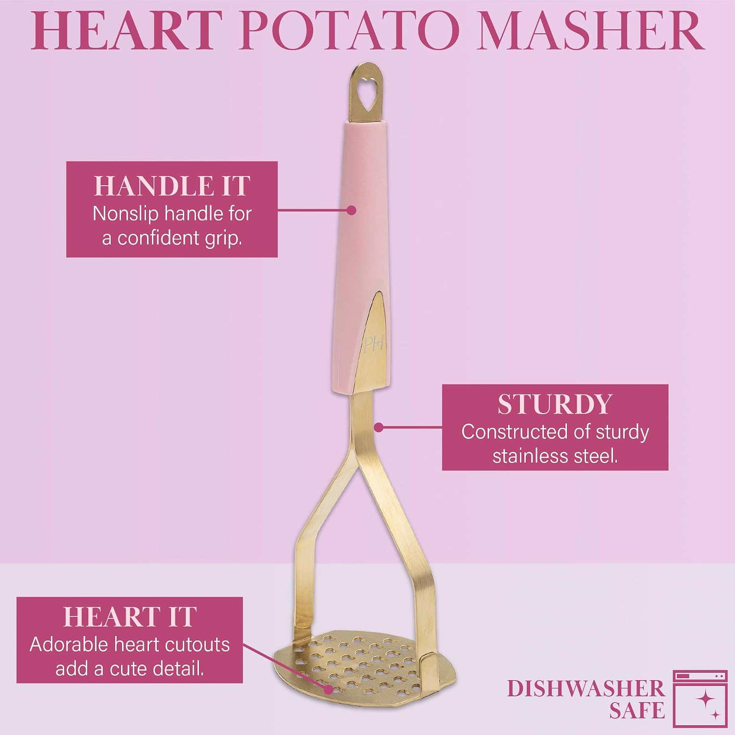 Paris Hilton Potato Masher, Heart-Shaped Stainless Steel Design, Non-Slip Handle, Dishwasher Safe, Pink image 2