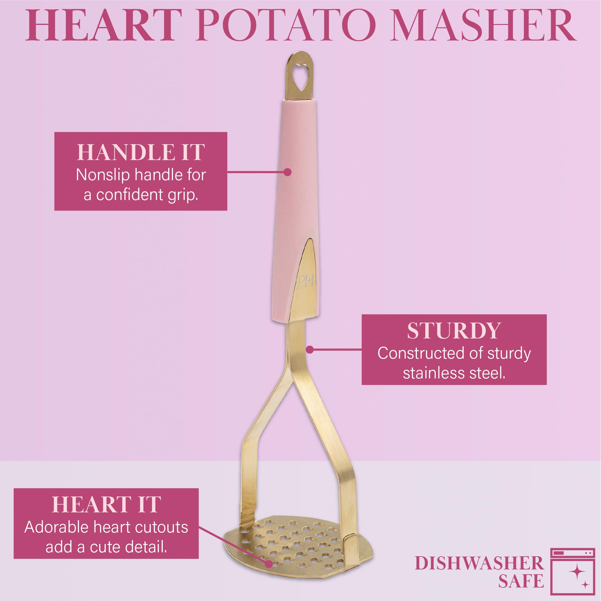 Paris Hilton Kartoffelstampfer Herzform Edelstahl Design Rutschfester Griff Spülmaschinenfest Rosa