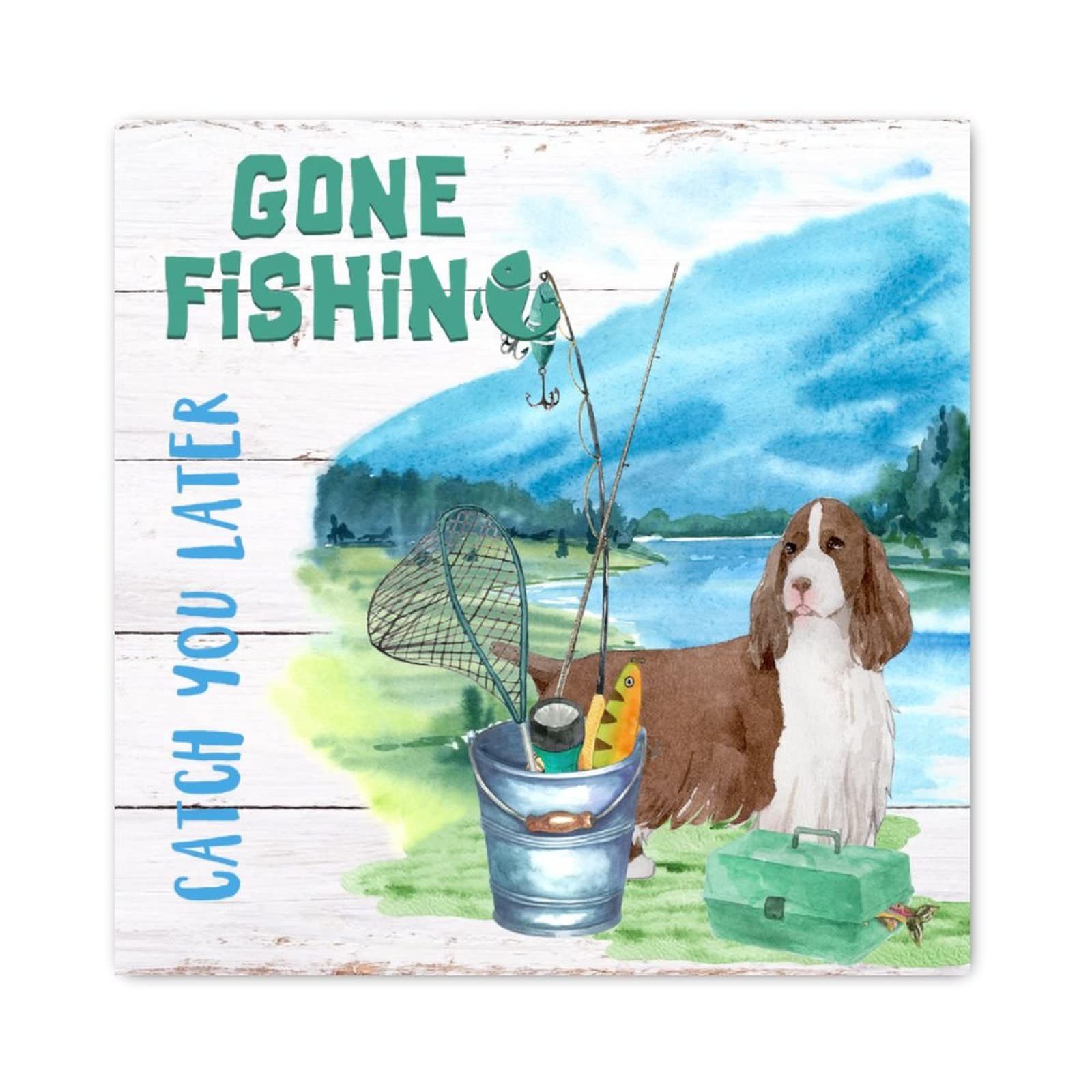 Panneau en bois Gone Fishing déco rétro 30x30 cm pour votre salon