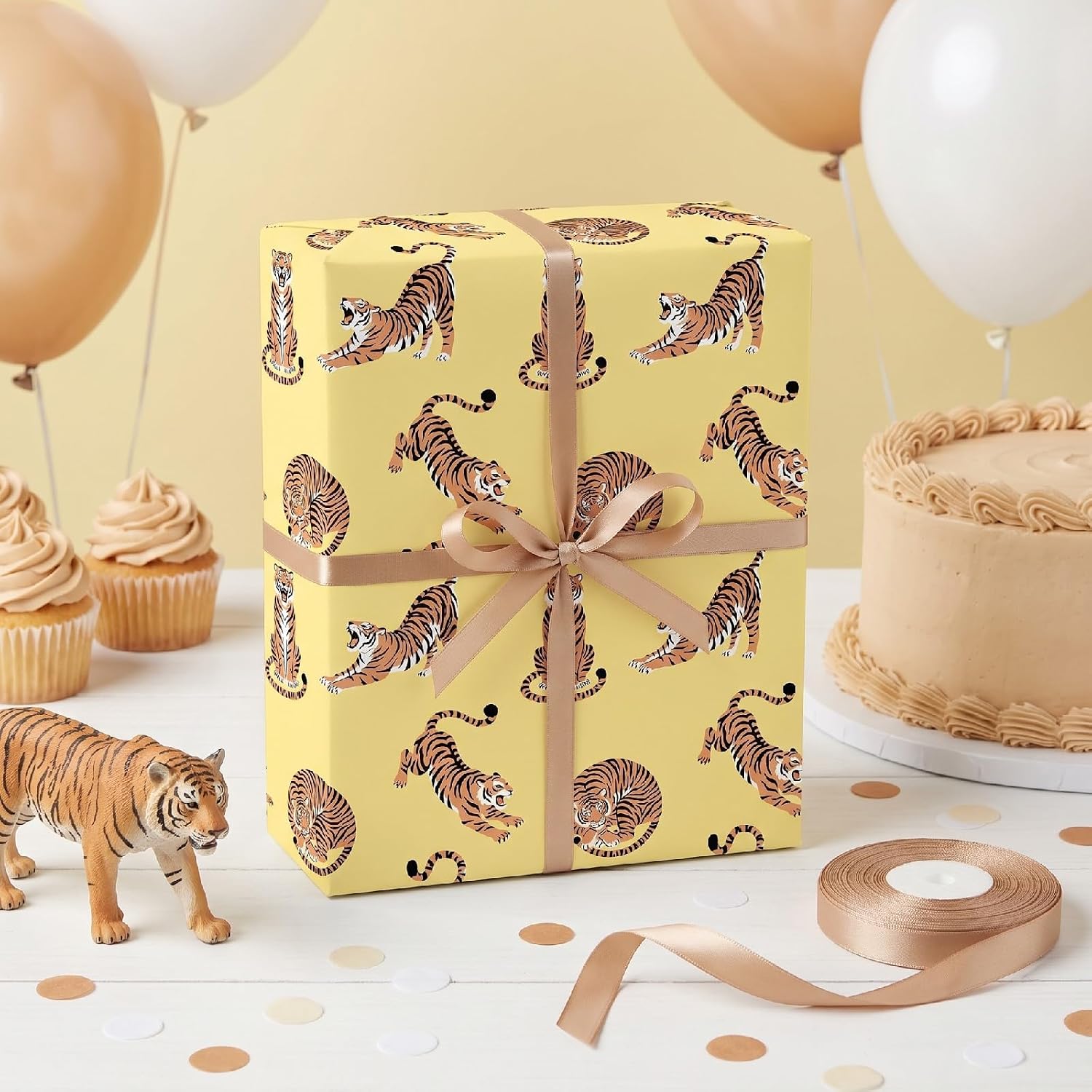 RUSPEPA Tiger Wrapping Paper Roll, Mini Roll, Orange Tiger Animal Design, Yellow Gift Wrap Paper for Kids, Boys, Birthday, Safari Animal Party, Baby Shower, Holiday, 17 Inches x 9.8 Feet image 3