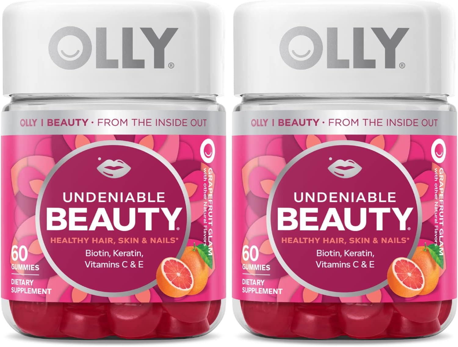 OLLY Undeniable Beauty Gummy, for Hair, Skin, Nails, Biotin, Vitamin C, Keratin, Chewable Supplement, Grapefruit, 30 Day Supply - 120 Count