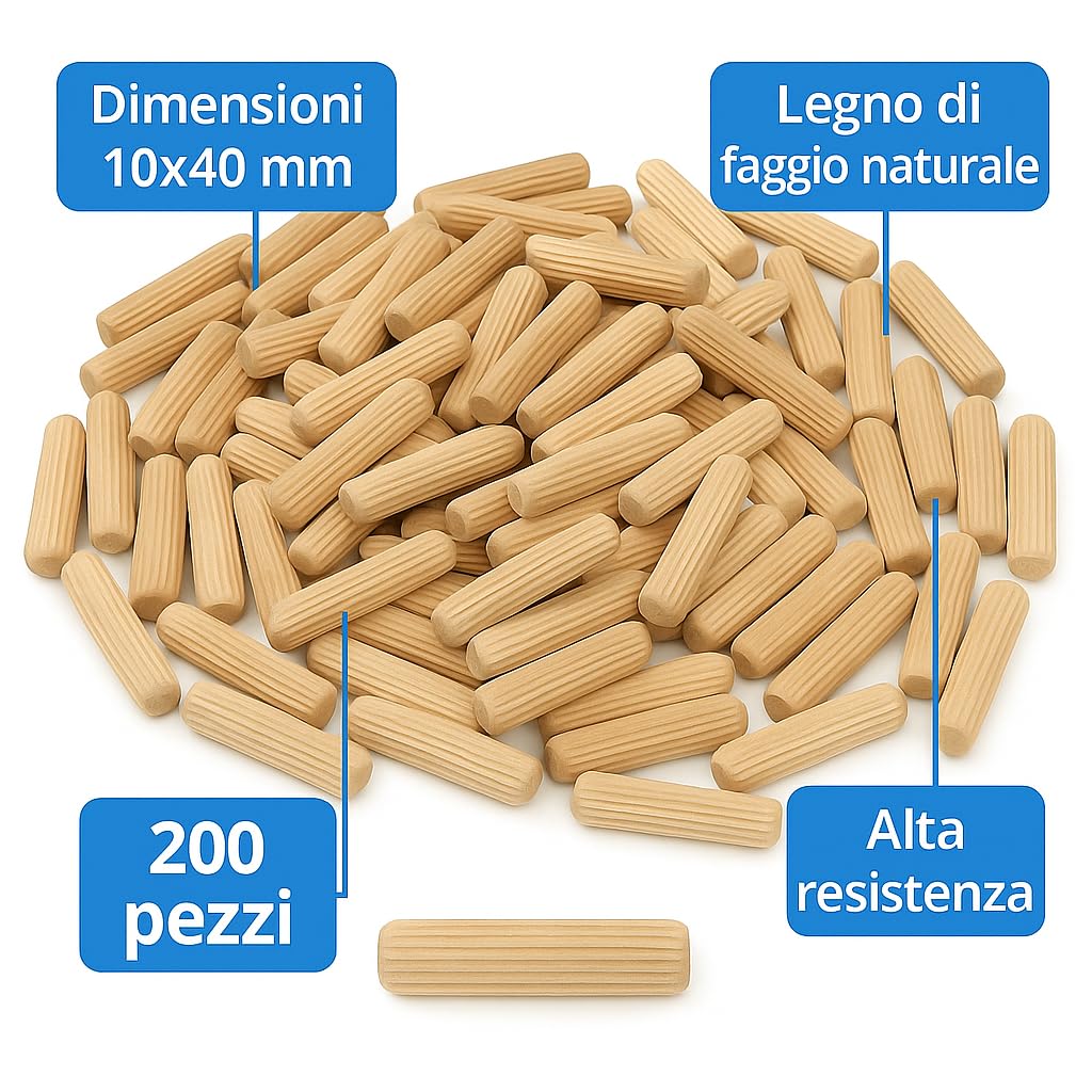 Tasselli in Legno 10x40 mm – Confezione da 200 Pezzi (4x40) – Spinotti Cilindrici per Giunzioni Fai-da-te, Mobili, Falegnameria – LEMAG SRL