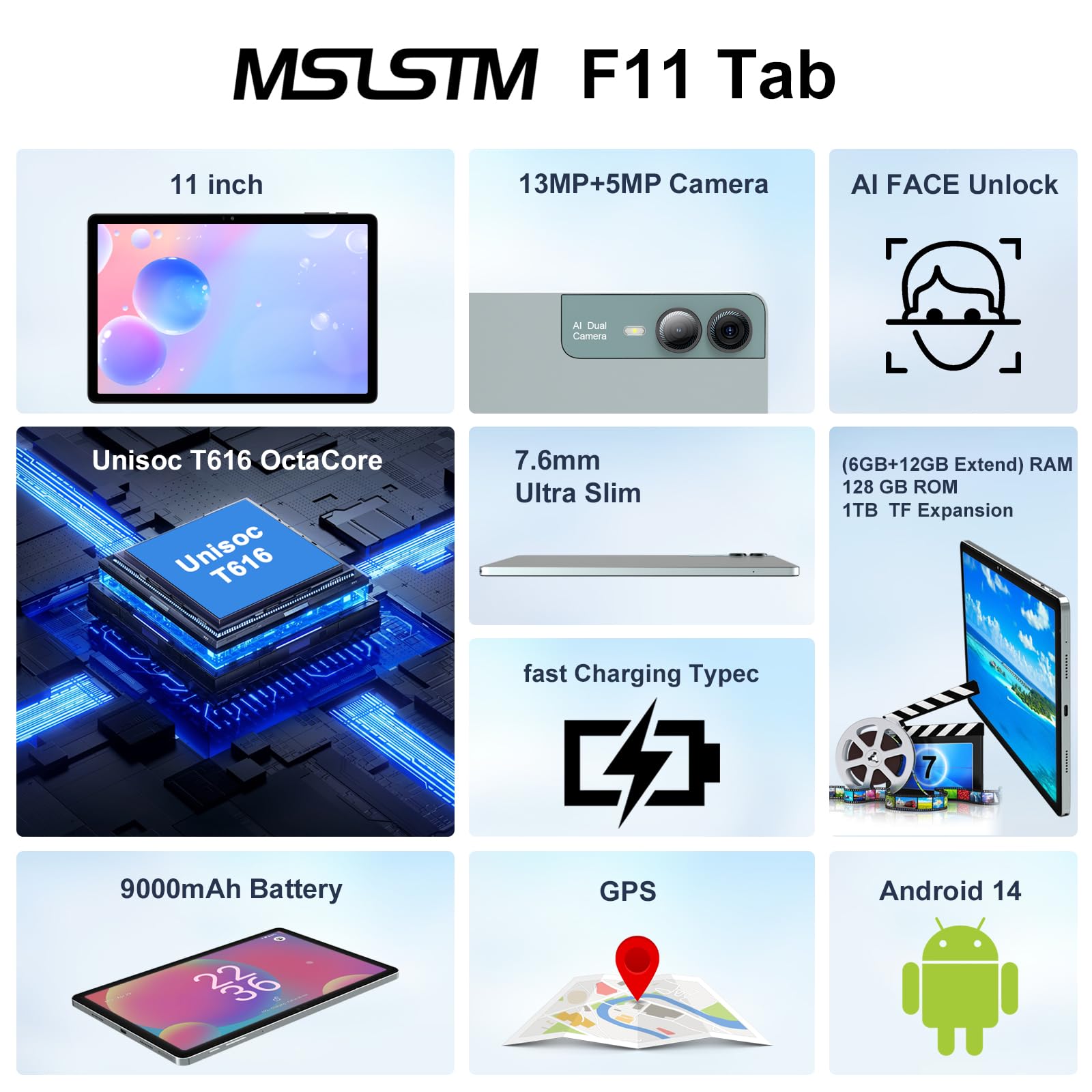 2024 Tablet Android 18GB RAM 128GB ROM 2K Display 13MP Camera Grey - Dettaglio