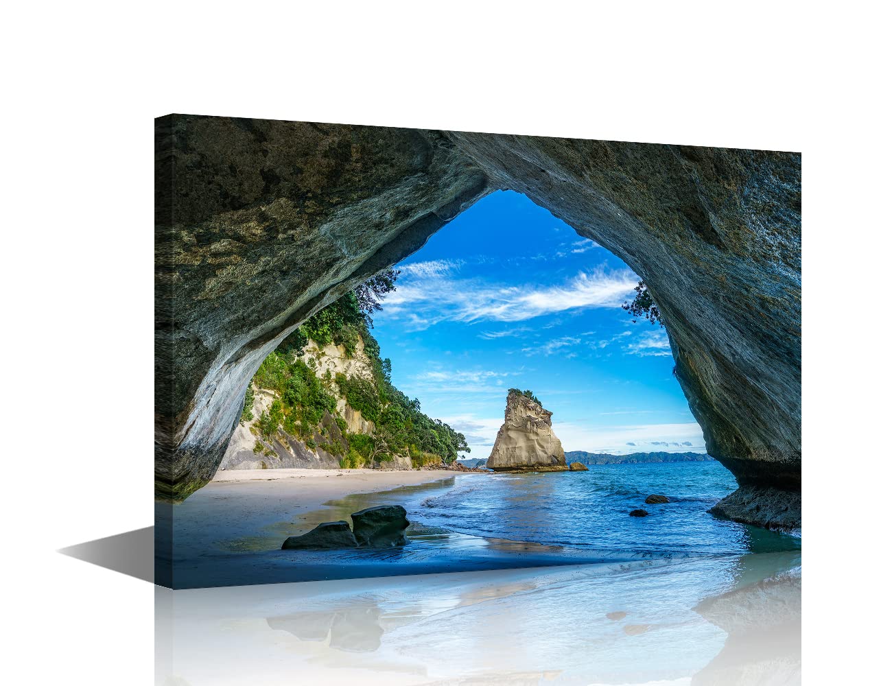 Canvas Wall Art Cave at Cathedral Cove Coromandel Coromandel Painting Canvas Artwork Sea Nature Picture for Home Office Wall Decor Framed Ready to Hang 16x24inch