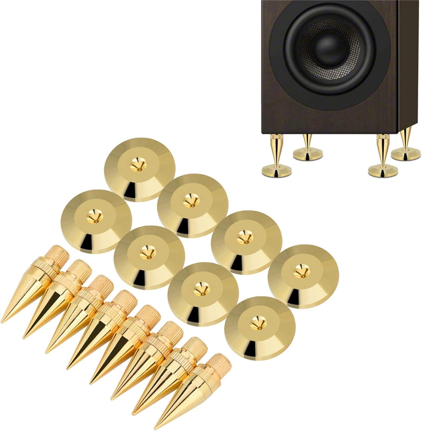 Socobeta 8 Pairs Speaker Mat Copper Speaker Spike Set Speaker Isolation Stand with Base Pad