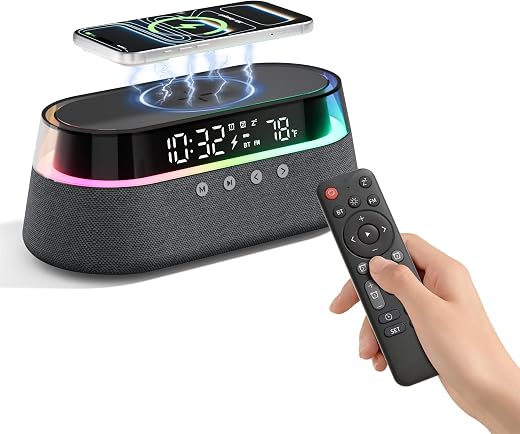 6-in-1 Bluetooth Speaker Alarm Clock with Remote, FM Radio & Dimmable LED Night Light, 15W Fast Wireless Charger, Dual Digital Clock for Bedroom Home Office, Ideal Gifts for Him, Men Women