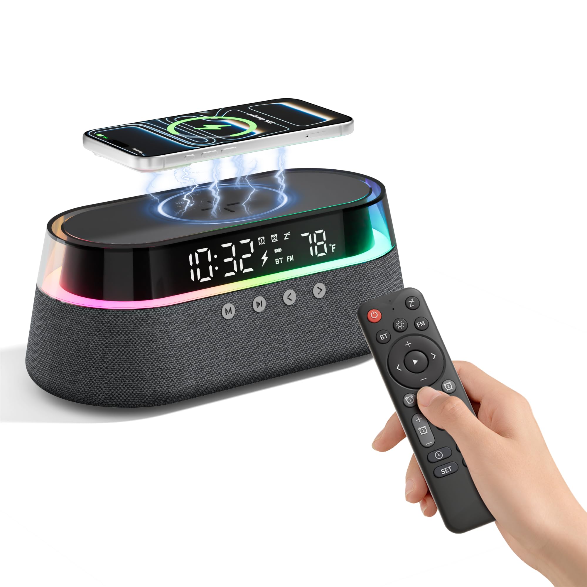 6-in-1 Bluetooth Speaker Alarm Clock with Remote, FM Radio &amp; Dimmable LED Night Light, 15W Fast Wireless Charger, Dual Digital Clock for Bedroom Home Office, Ideal Gifts for Him, Men Women