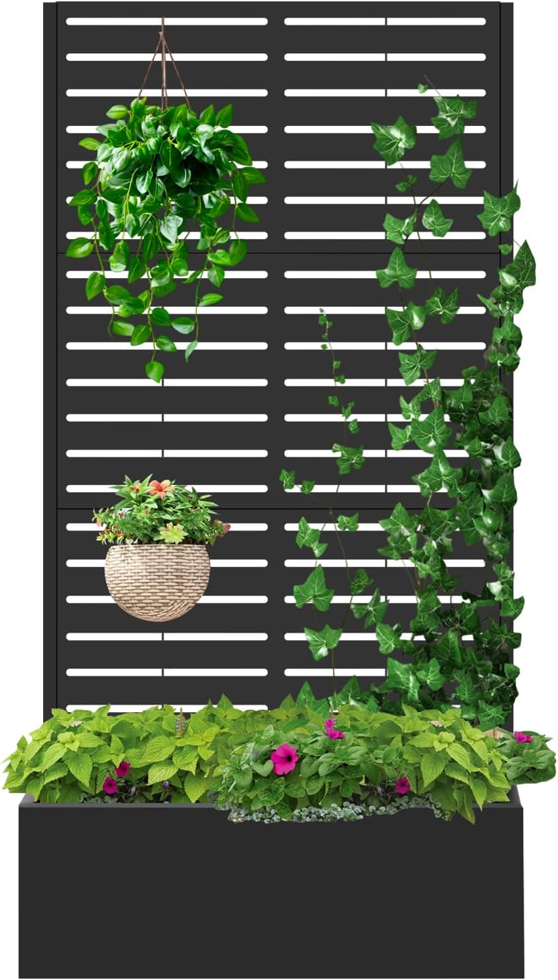 Metal Raised Garden Bed with Trellis,Planter Box for Climbing Plants, Vegetables & Vines, Features Drainage Holes and Privacy Screen.raised garden beds outdoor planters for porch (Black, 71"x35"x16")